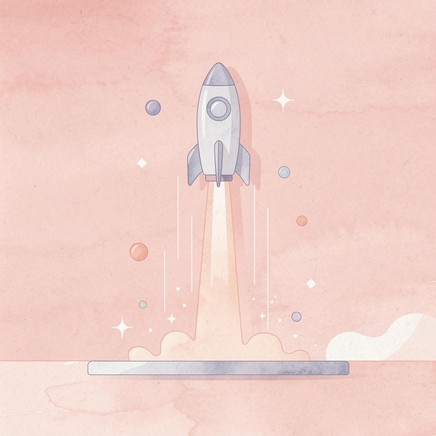 Scene illustration of a rocket launching upward, representing the challenge and excitement of starting a SaaS business