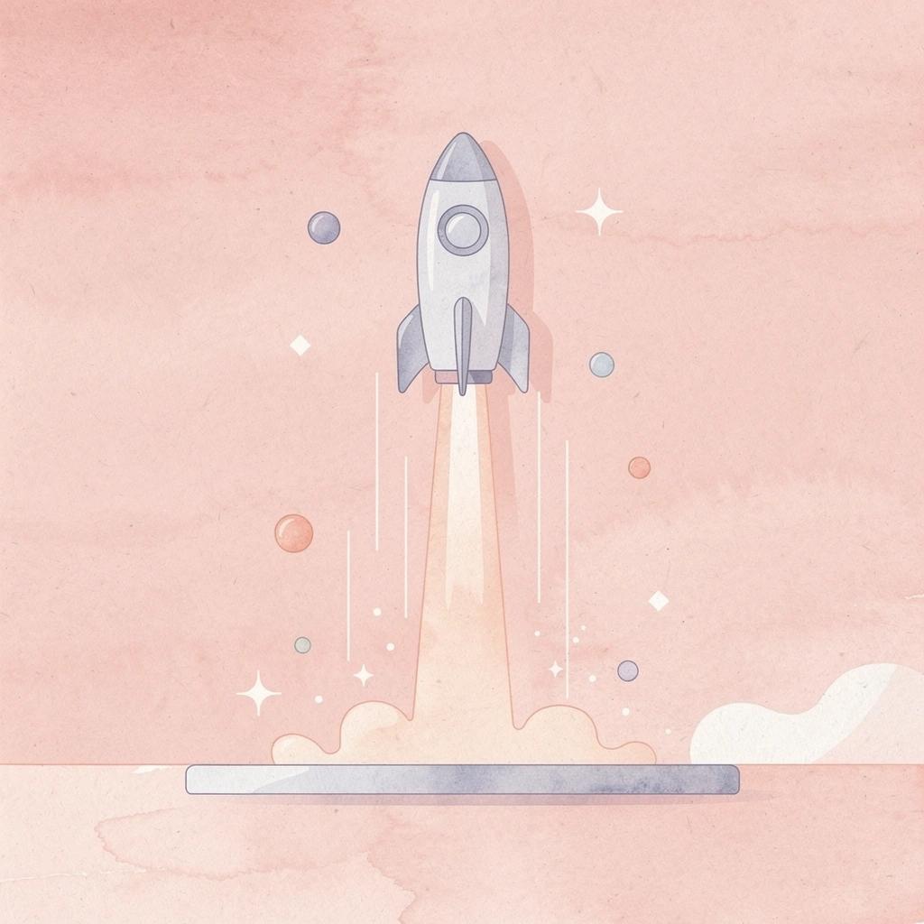 Scene illustration of a rocket launching upward, representing the challenge and excitement of starting a SaaS business