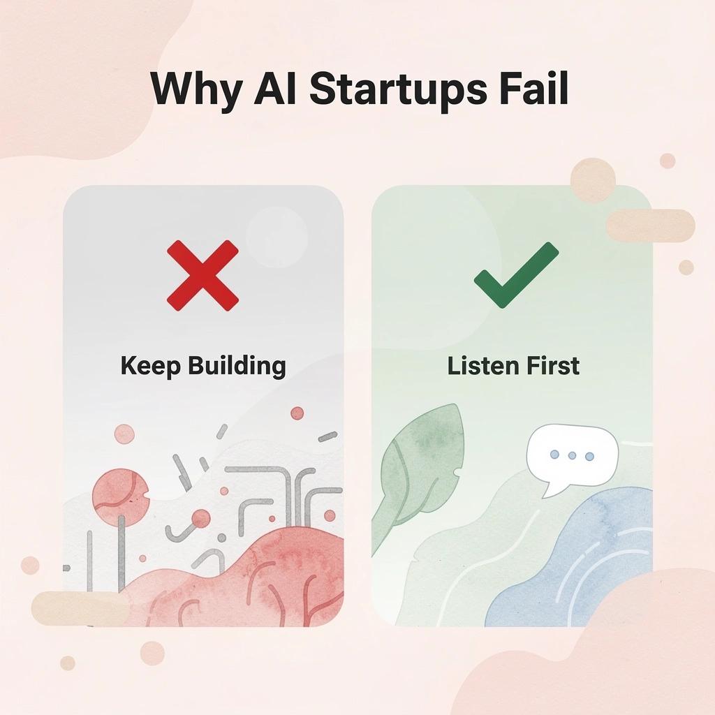 Before and after infographic showing the shift from over-building to listening to users