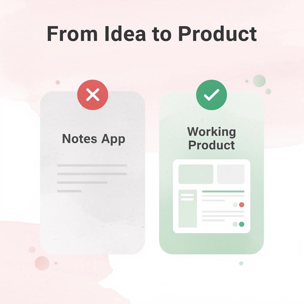 Before and after showing transformation from scattered notes to a working product