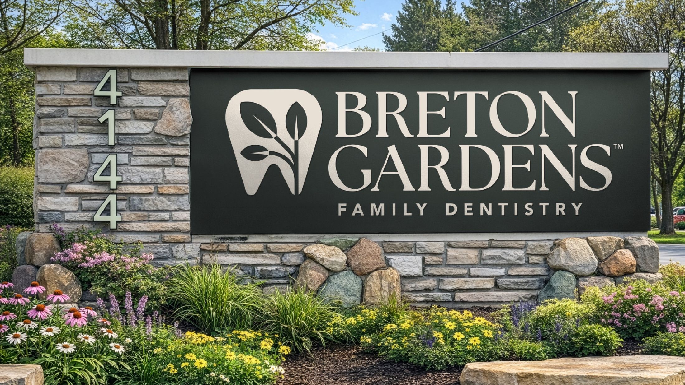 Breton Gardens Dentistry: monument sign detail