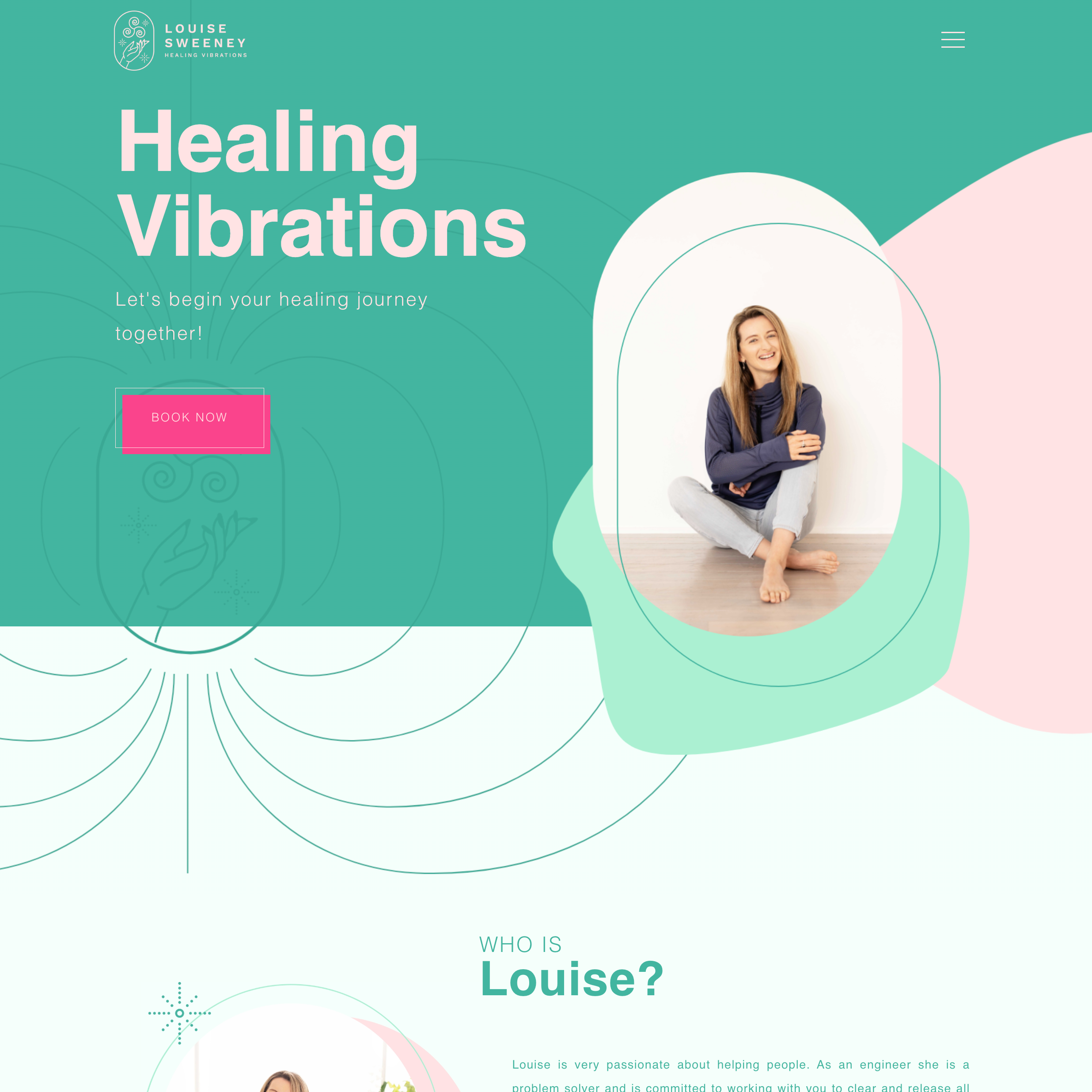Healing Vibrations homepage in turquoise and pink with a portrait and abstract line illustration.