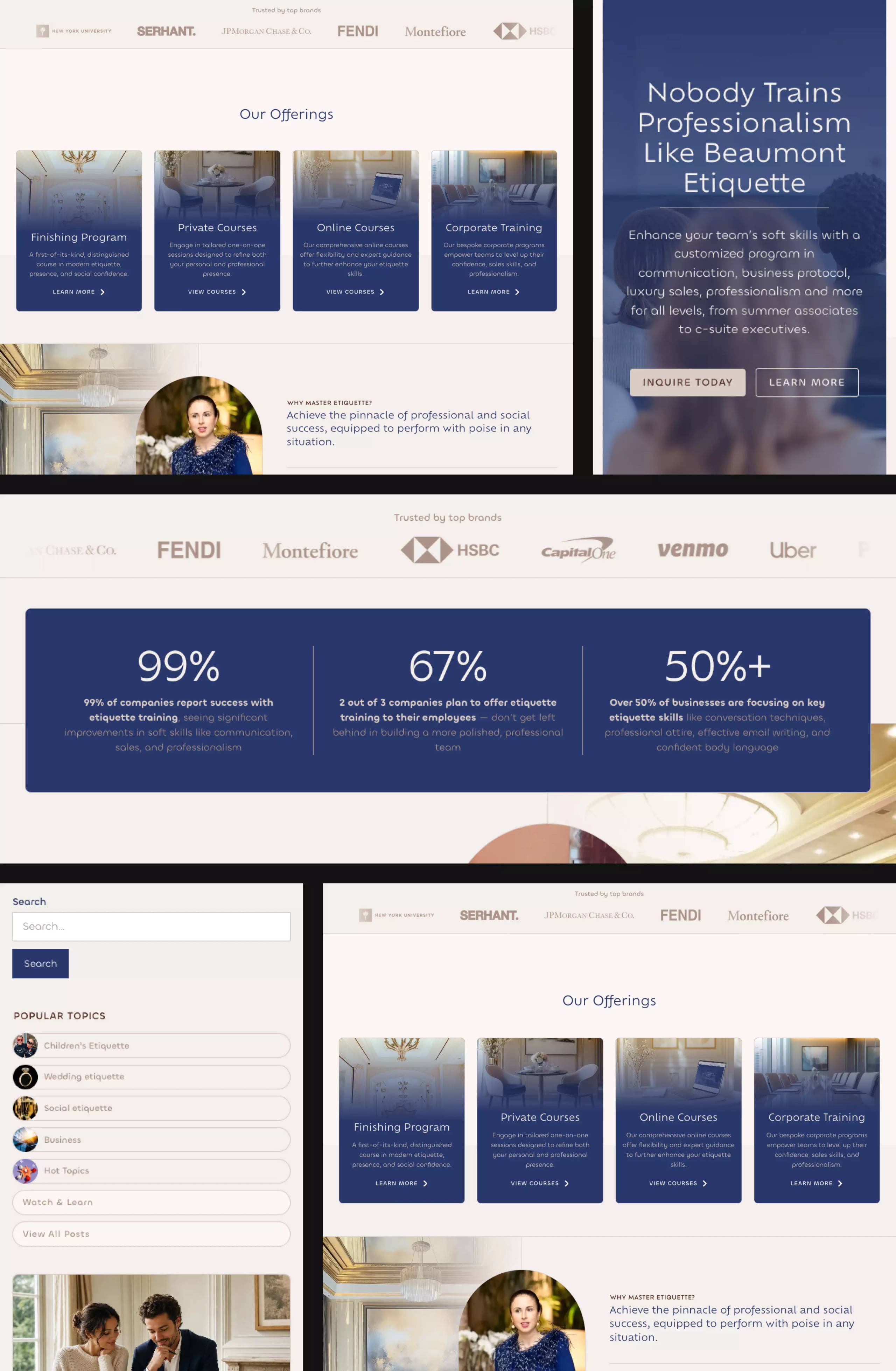 Beaumont Etiquette offer families, corporate training proof, Advice content, and industry routes across laptop and phone views.