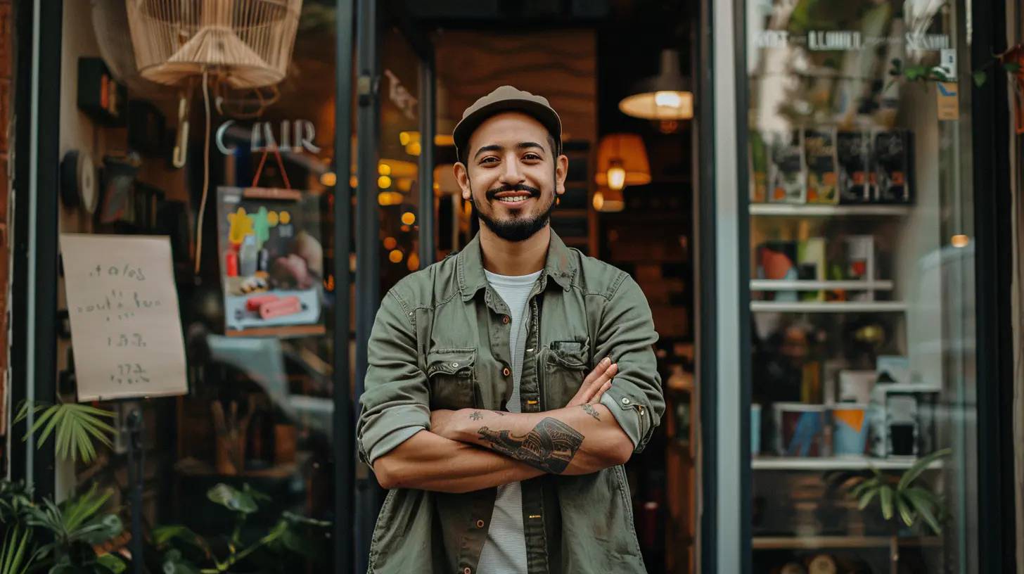 An image of a small business owner standing proudly in front of their storefront with clear branding visible.