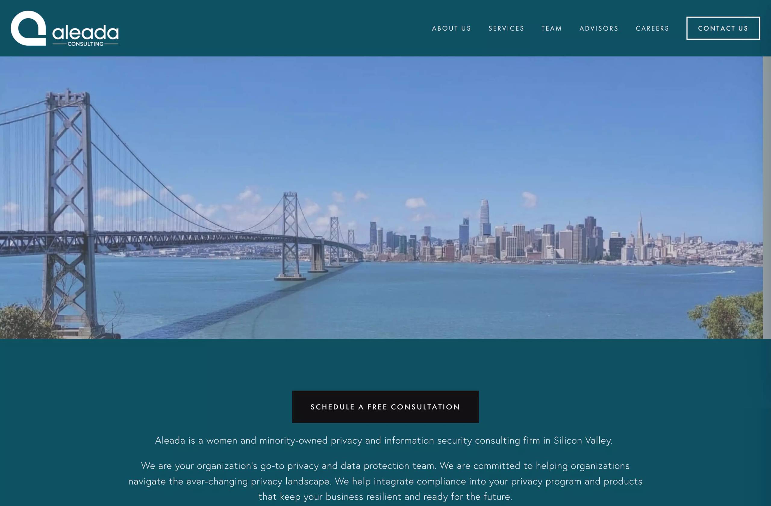 Former Aleada Consulting homepage with a dark teal brochure-style layout.