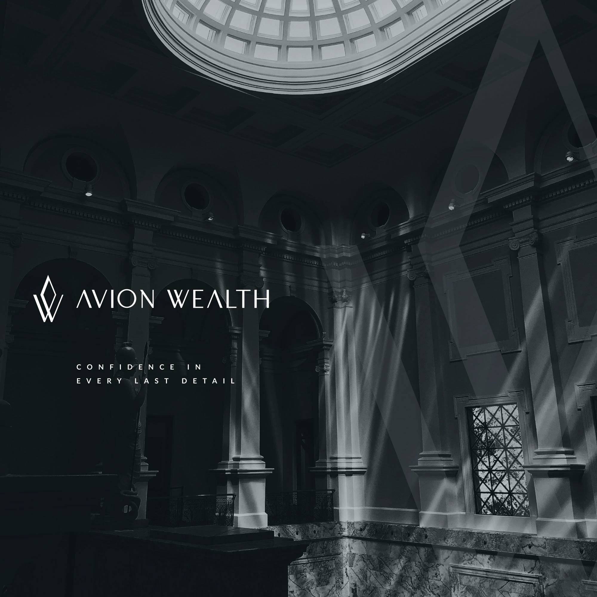 Avion Wealth monogram and wordmark over a black-and-white neoclassical interior.
