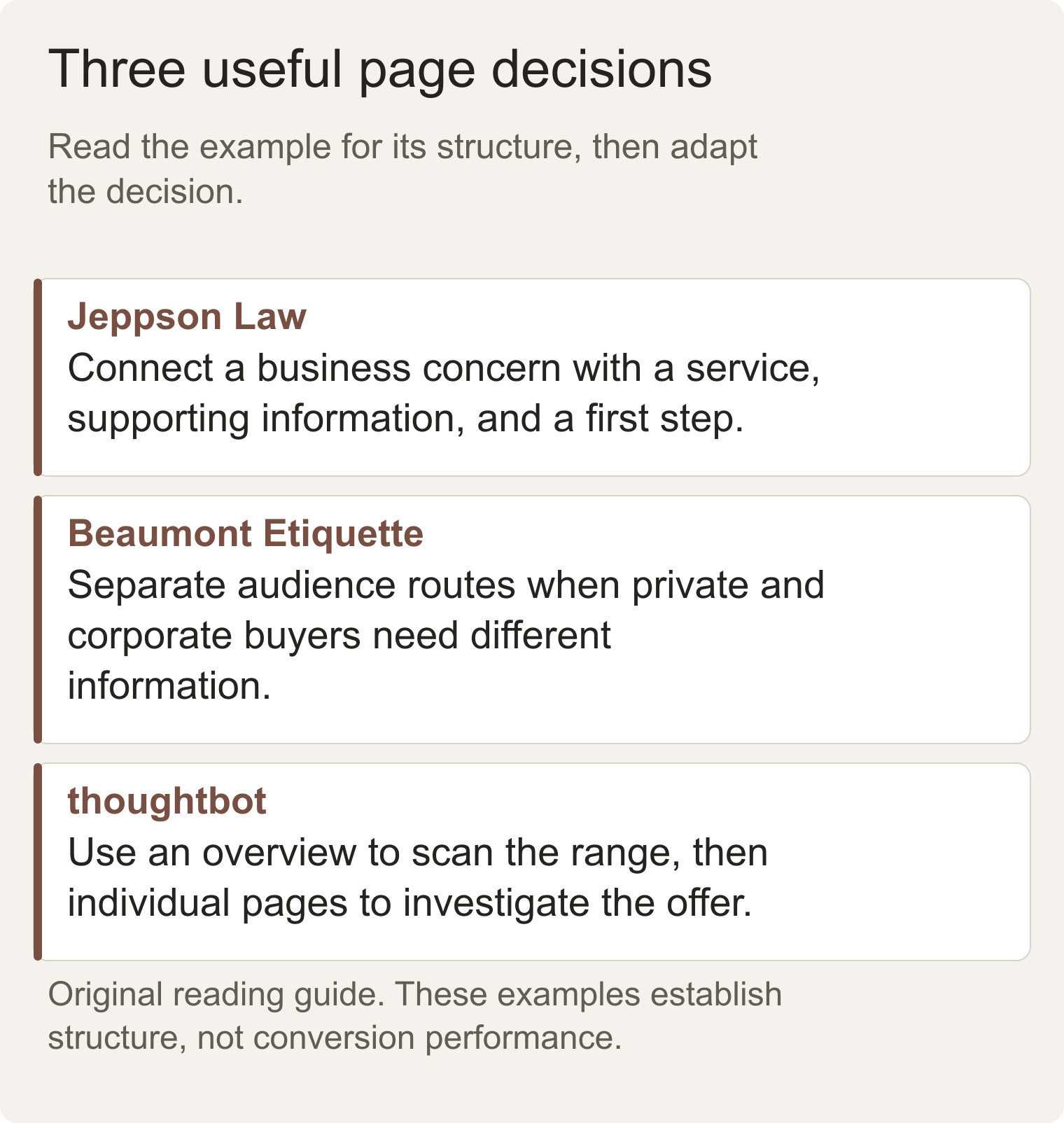 Three service-page decisions: route by concern, distinguish audiences, and separate an overview from individual service depth.