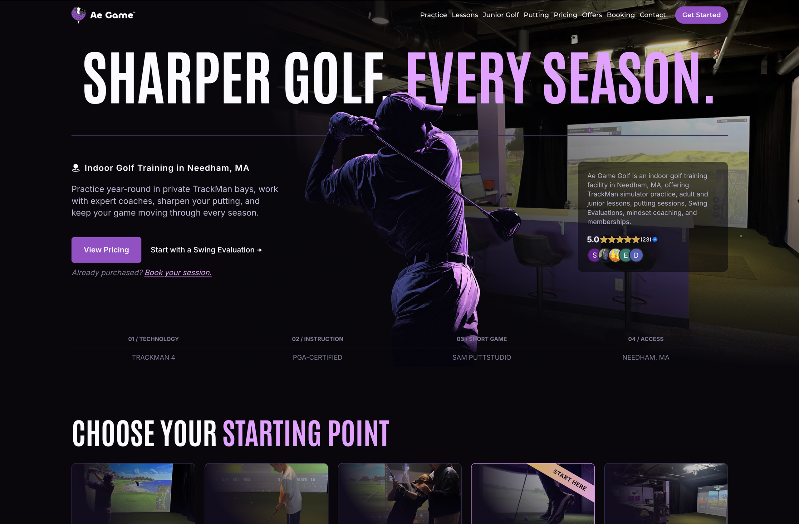 Ae Game Golf redesigned homepage, with dark purple styling, a golfer image, Sharper Golf Every Season heading, and booking links.