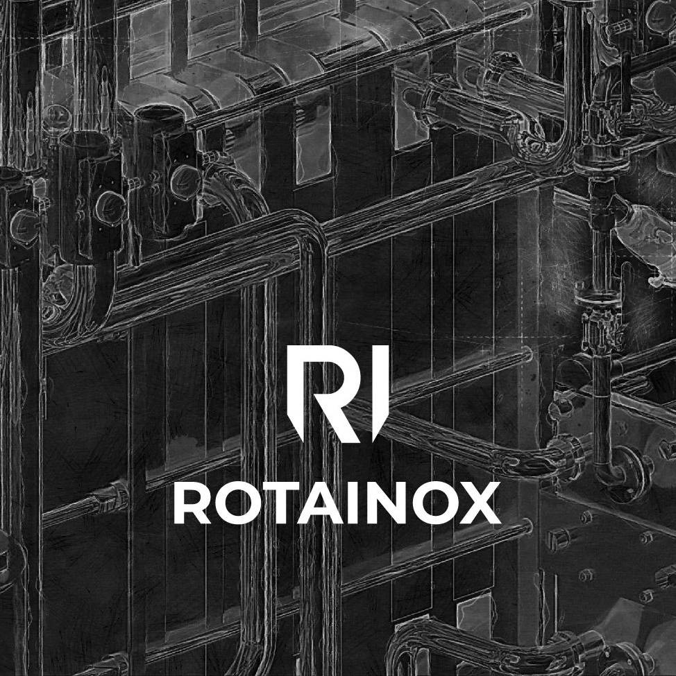 White RotaInox monogram and wordmark over a monochrome industrial pipe photograph.