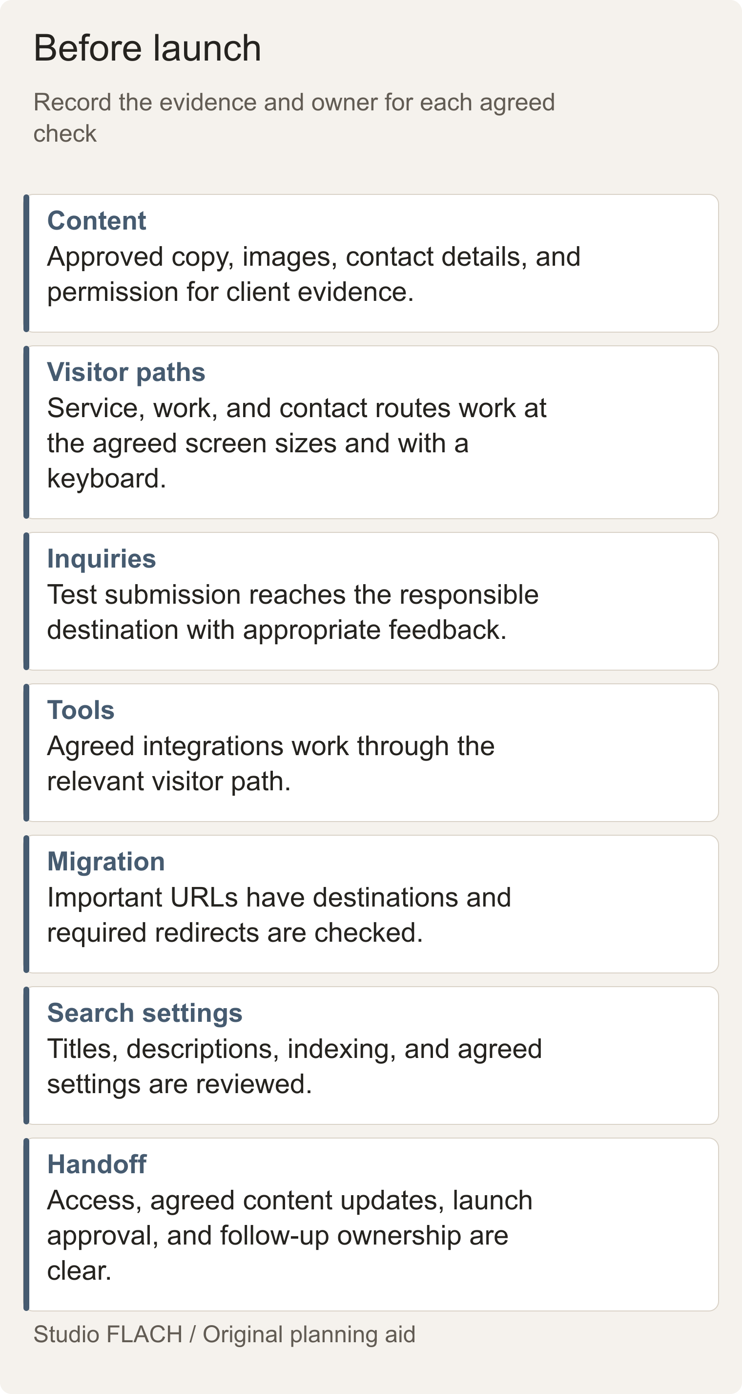 Launch-readiness checklist with seven areas to verify