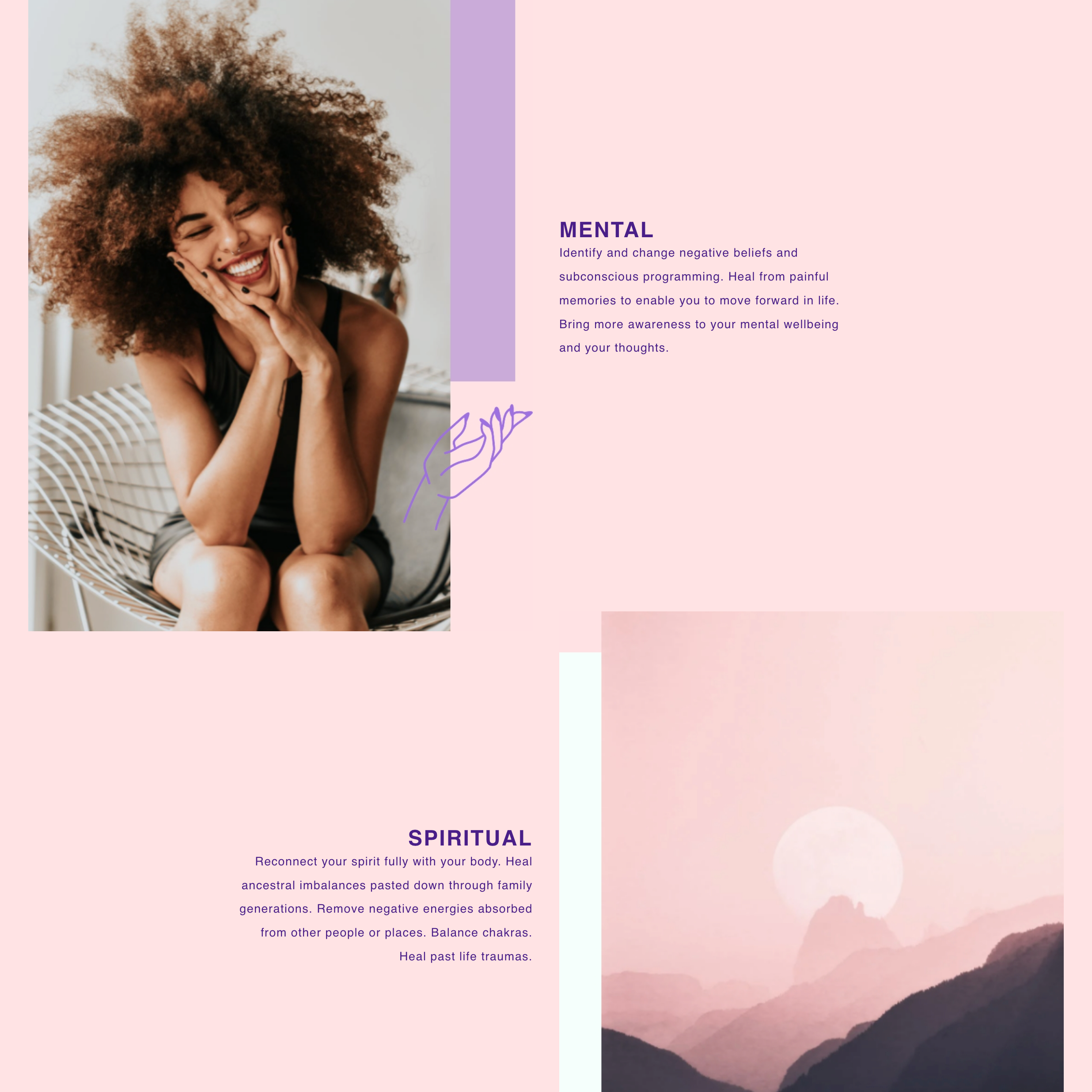 Healing Vibrations website section pairing a smiling portrait with mental and spiritual support content.