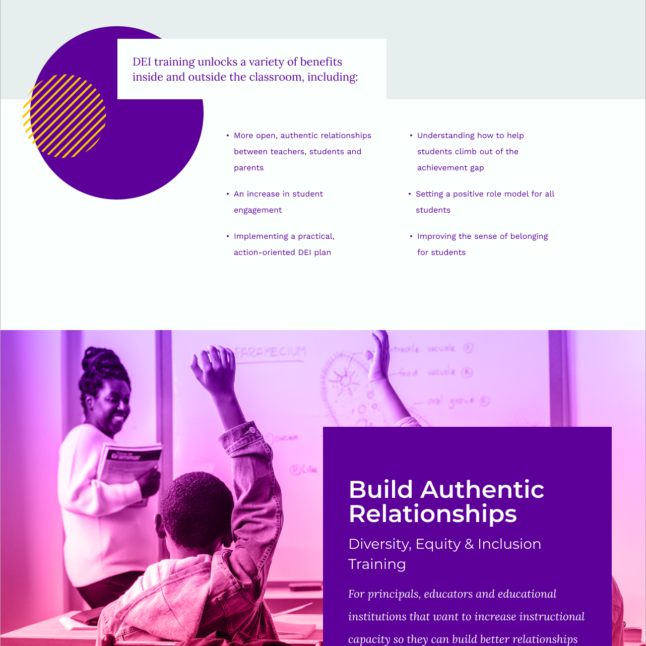 The Equity Leadership Group training page with purple graphics and a classroom photograph.