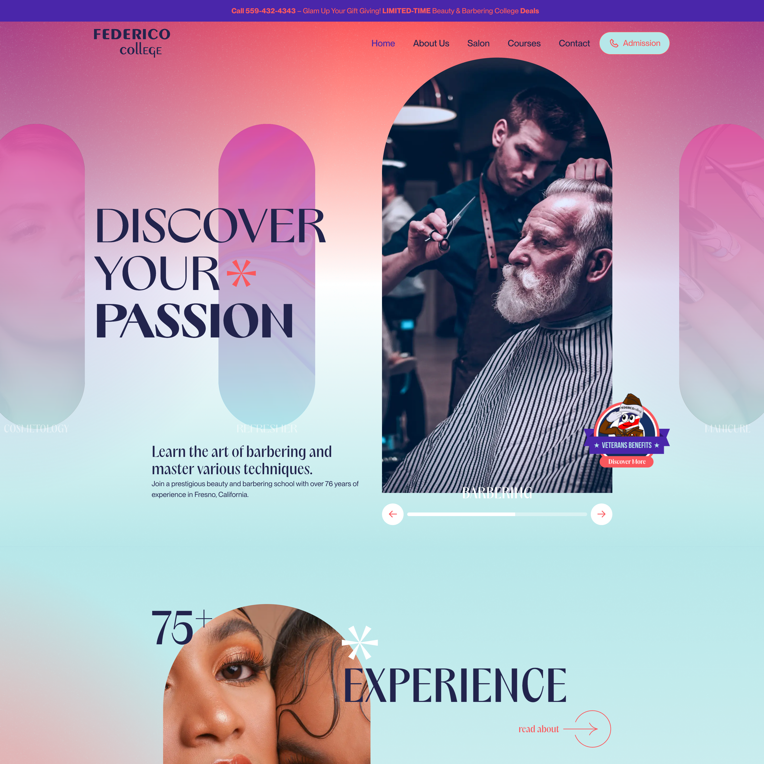 Federico College homepage with pink and aqua gradients, barbering photography, and course messaging.