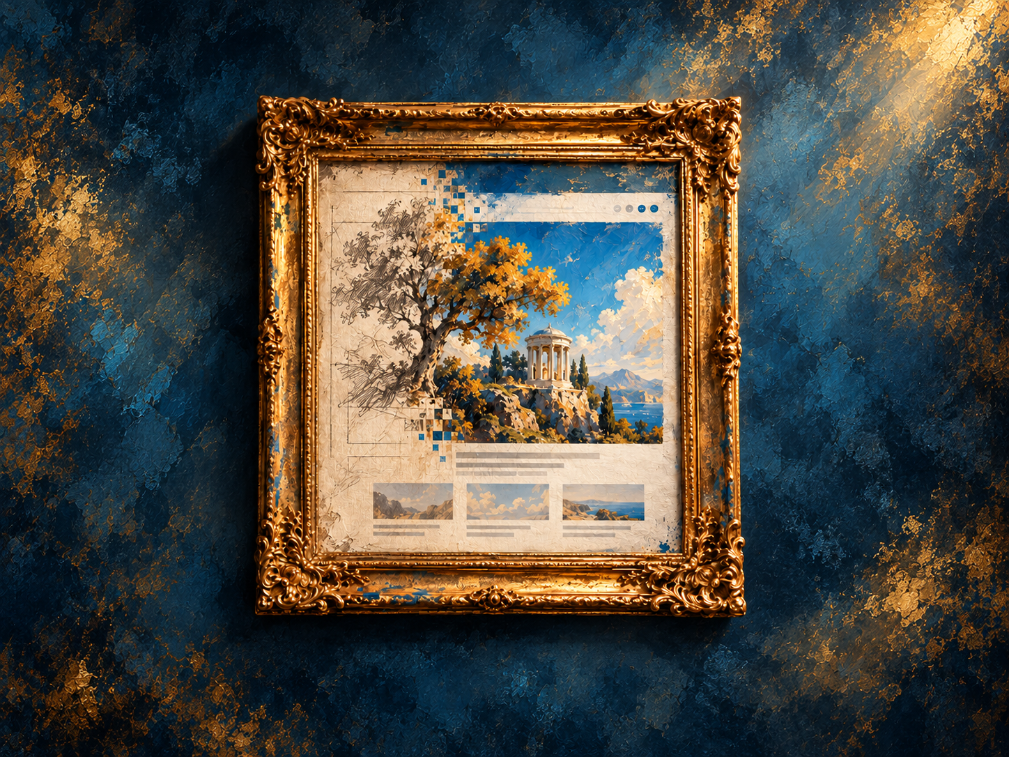 A centred gold frame shows a sketch becoming a finished painted website, illustrating the transformation behind a case study.