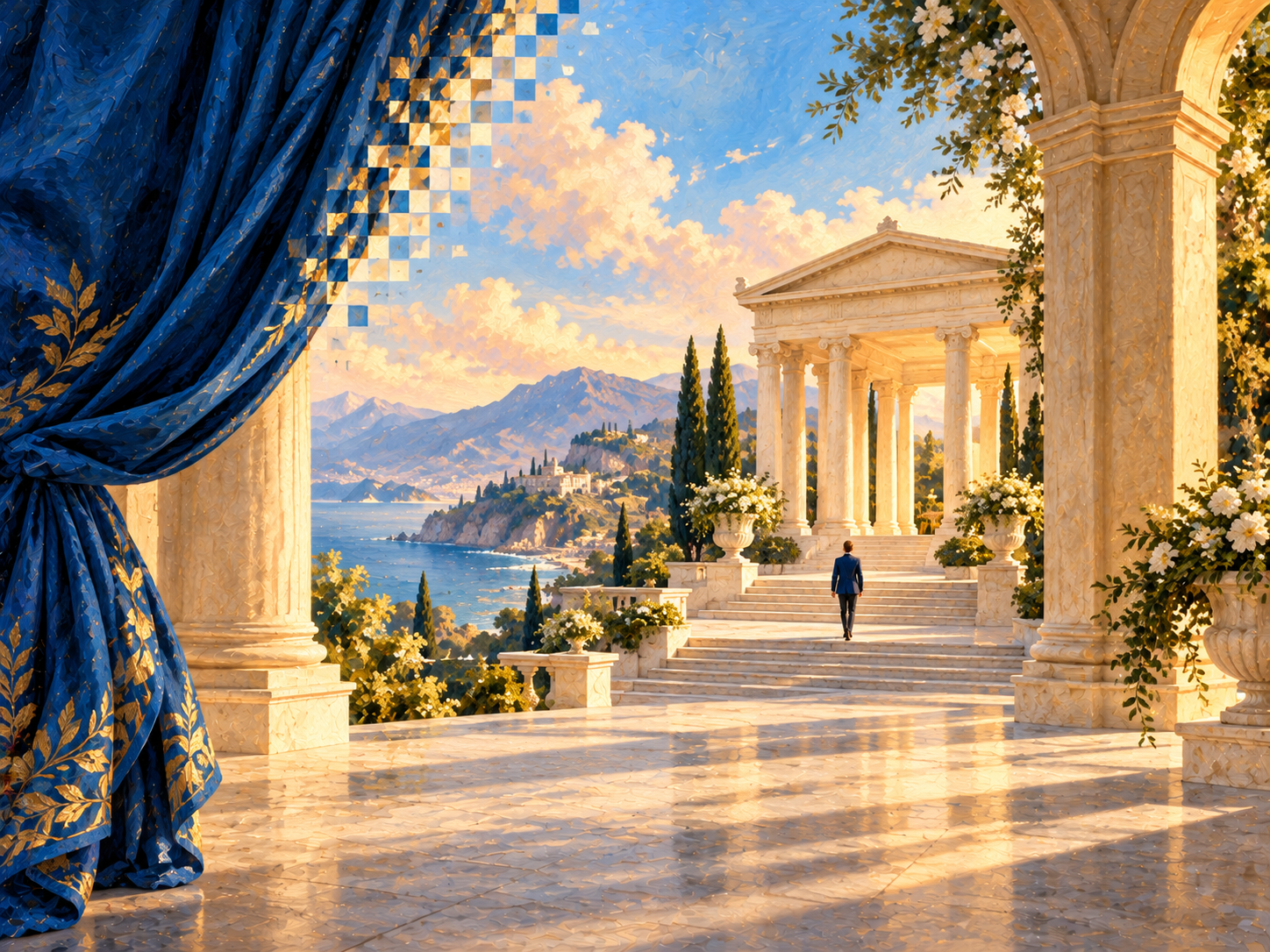 A blue painted curtain reveals a welcoming sunlit pavilion and open coastal view, suggesting visibility and opportunity.