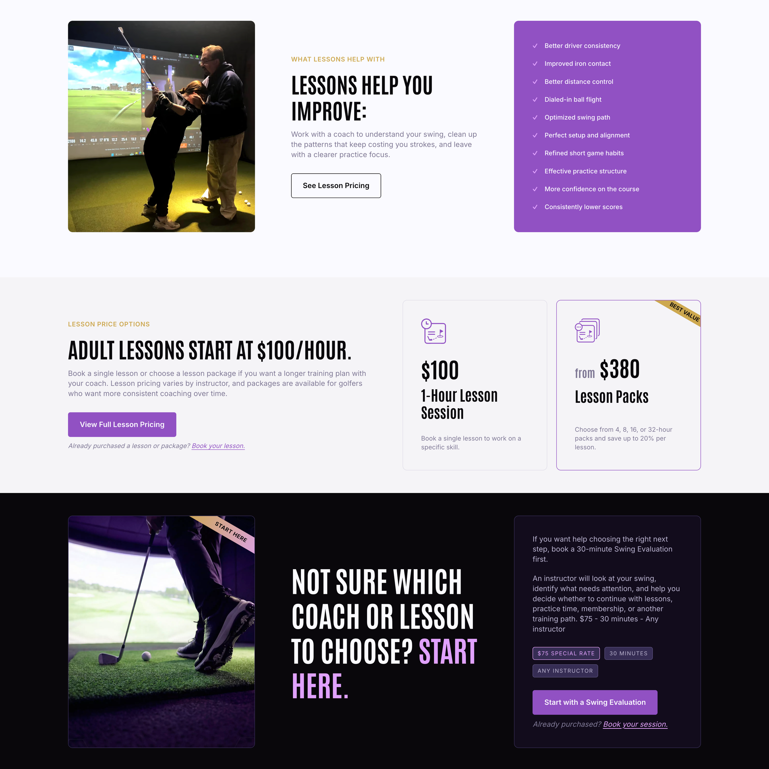 AE Game Golf lesson page showing coaching benefits, prices, and booking calls to action.