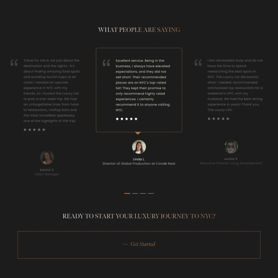 The Luxury List testimonials and booking call to action on a dark editorial layout.