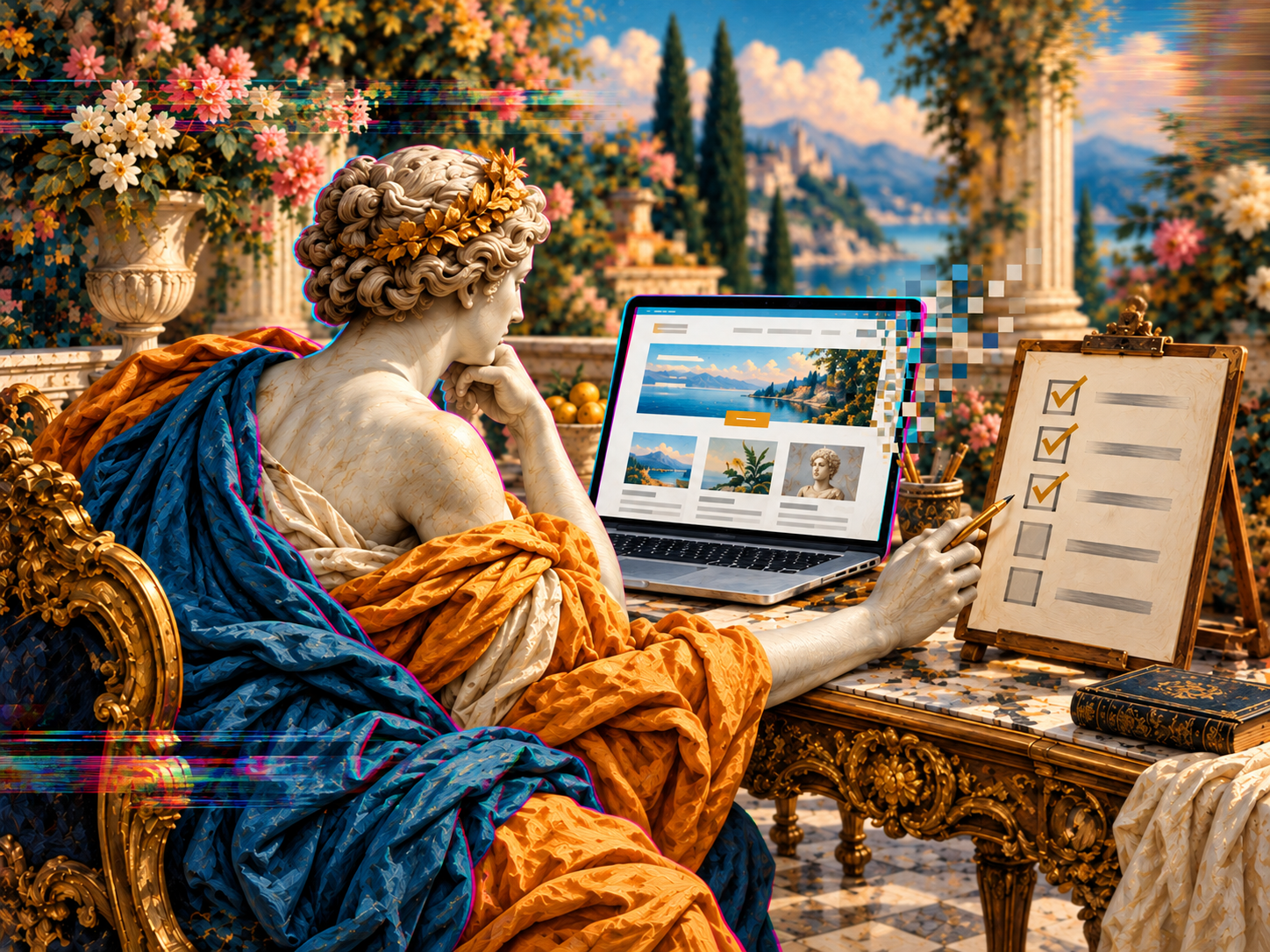 A classical painted figure reviews a laptop and checklist in a rich open garden setting with contemporary digital pixels and colour separation.