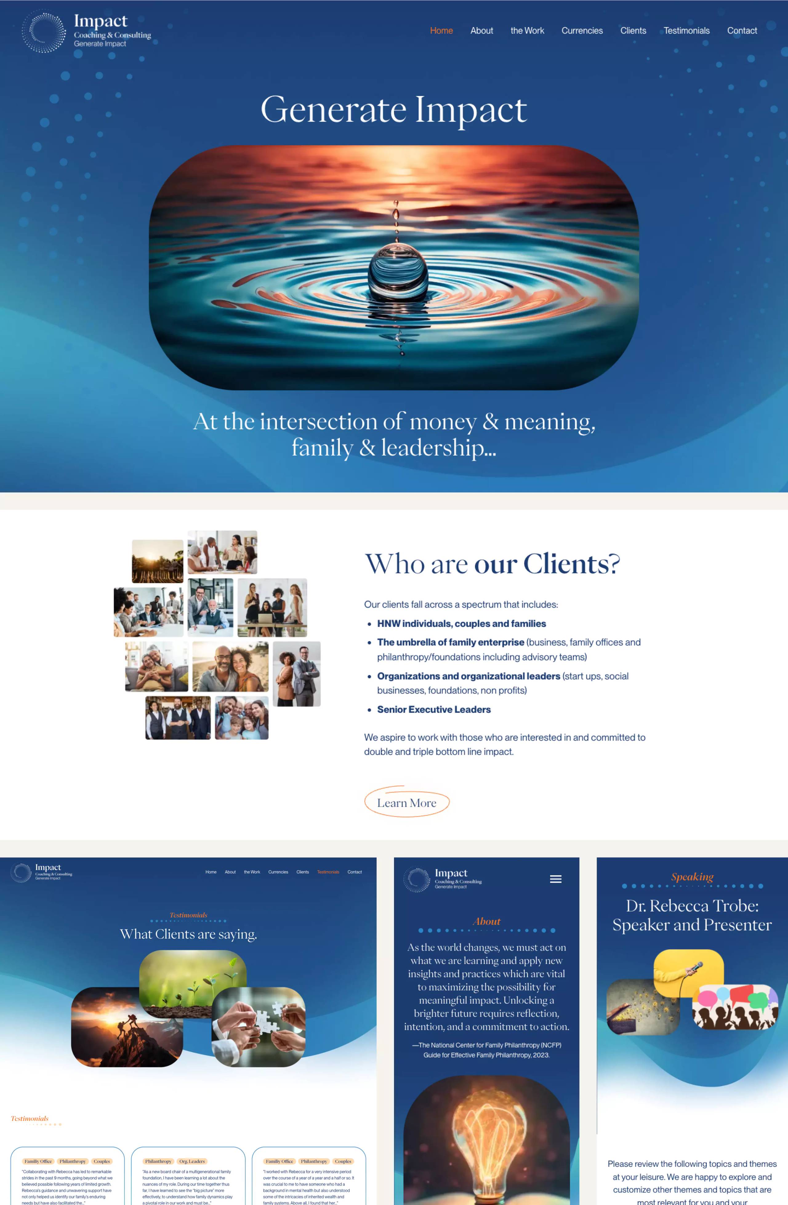 Generate Impact complete homepage opening fold, client audience, client comments, founder page, and speaking page across laptop and phone views.