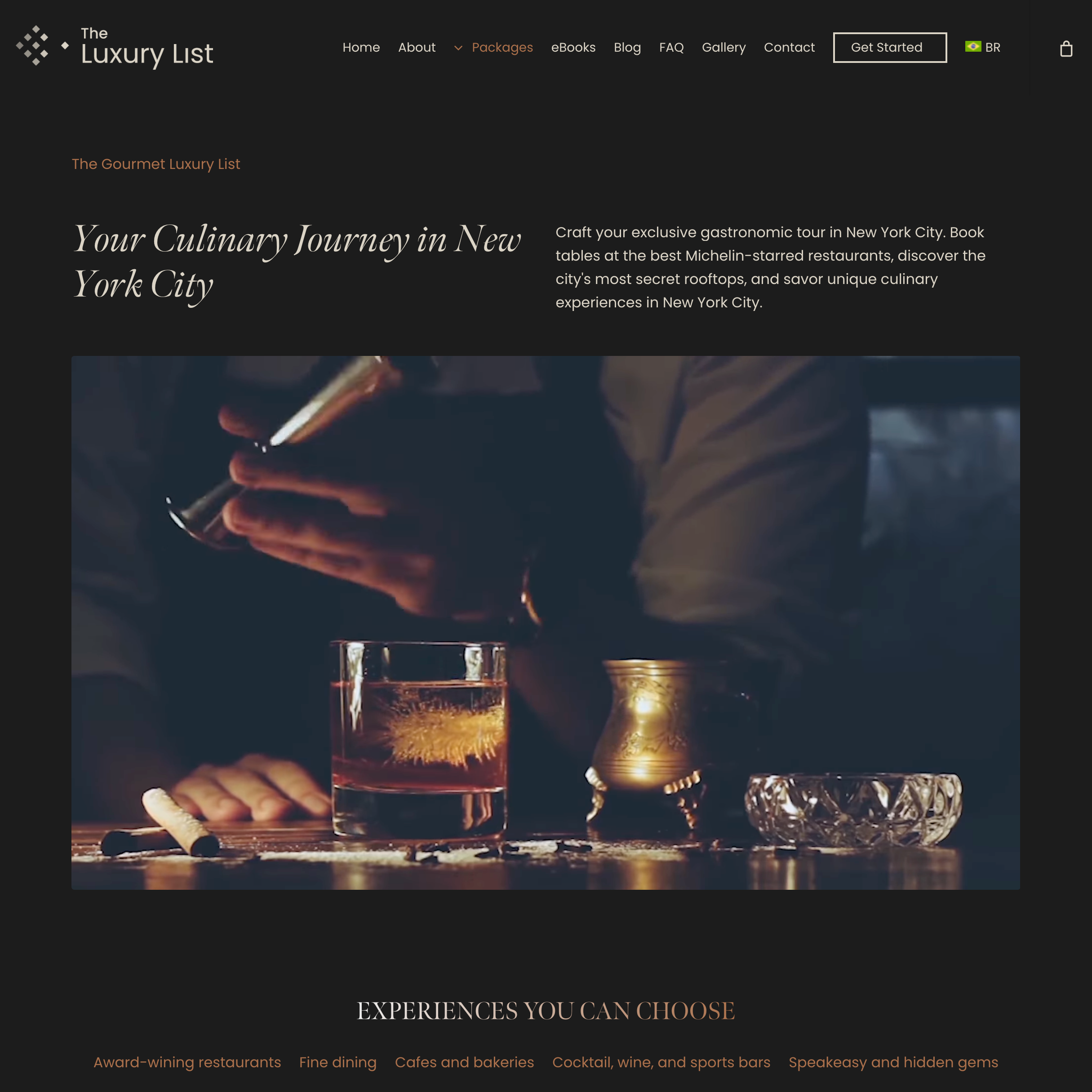 The Luxury List culinary experience page with cocktail photography and dark gold-accented typography.