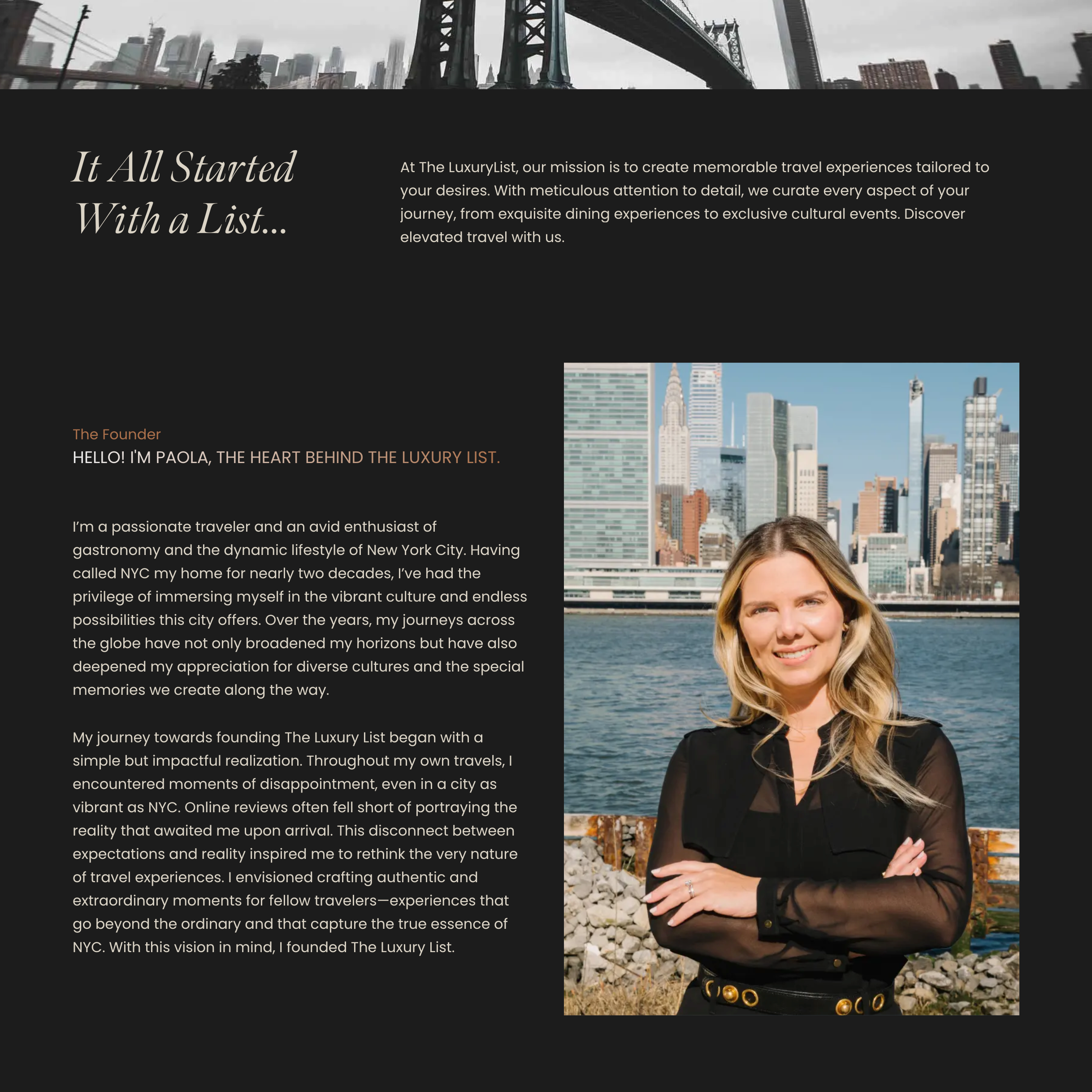 The Luxury List about page with founder portrait, New York skyline, and editorial story text.