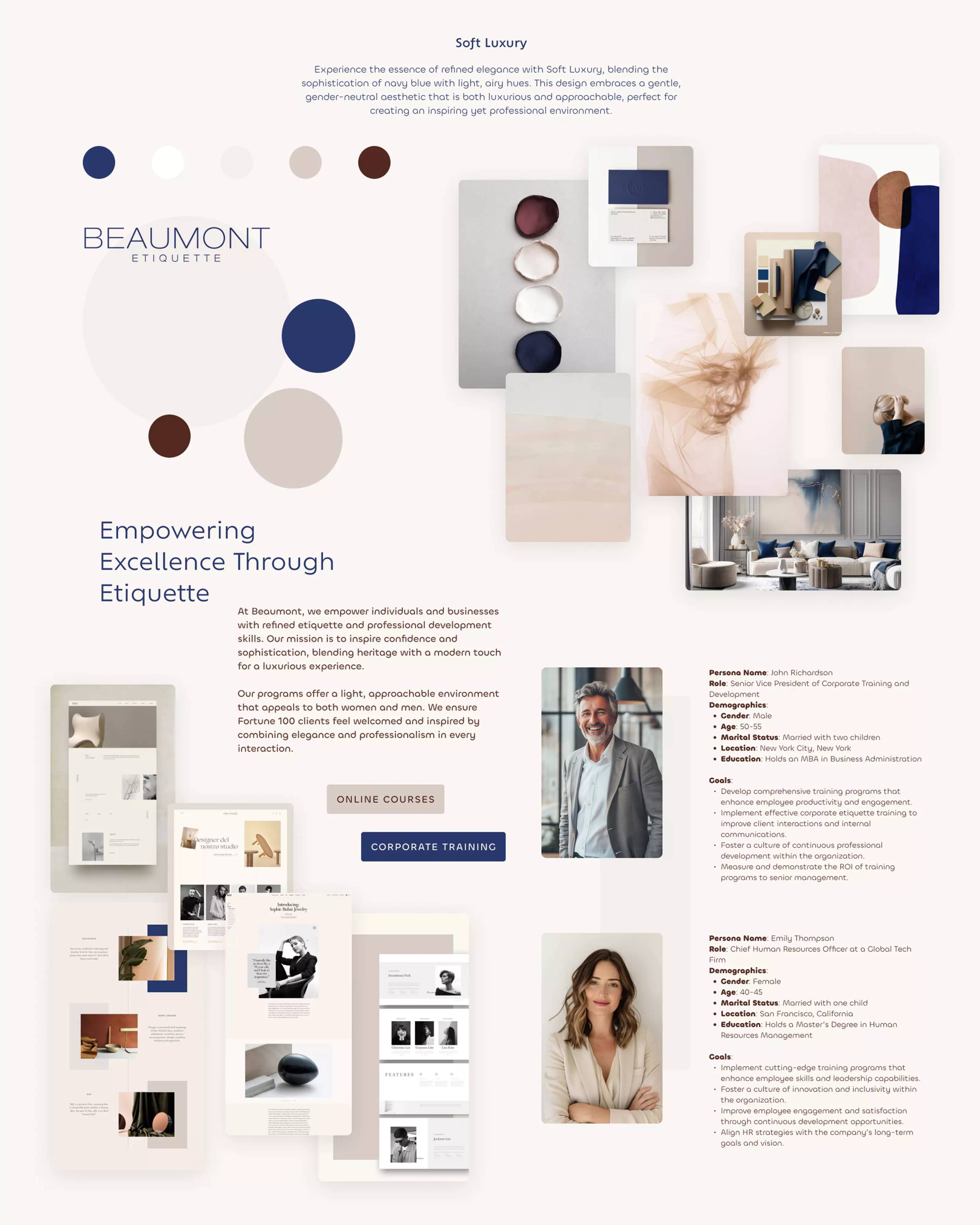 Beaumont Etiquette mood board with pale neutrals, navy, warm brown, editorial references, polished interiors, and audience profiles.