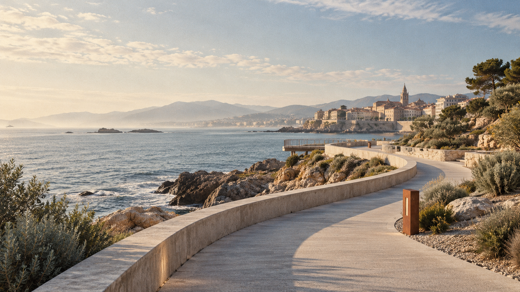 A coastal walkway winding towards a town on the horizon.