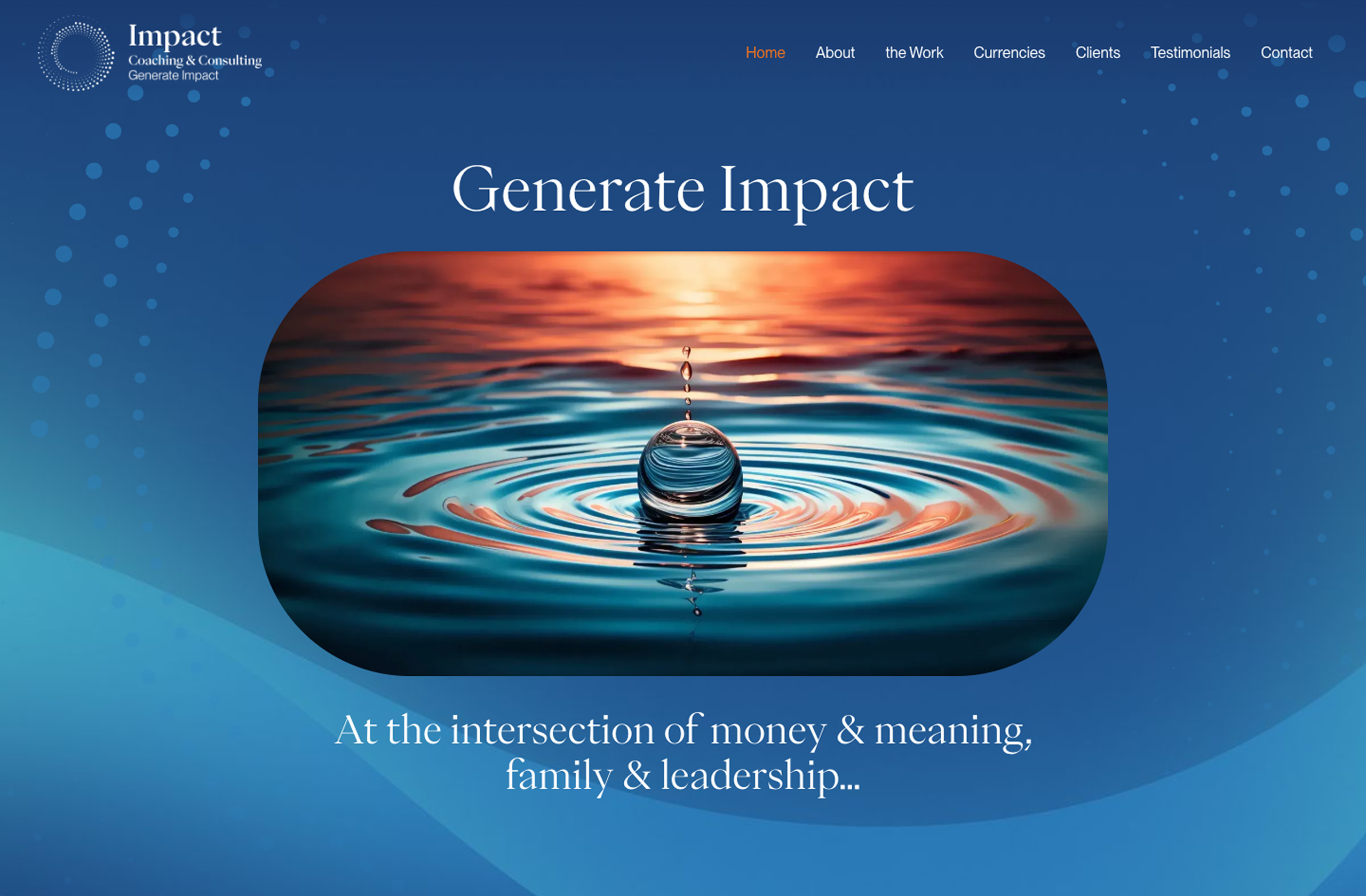 Generate Impact homepage, with blue styling, the Impact Coaching and Consulting logo, and a water-drop image.