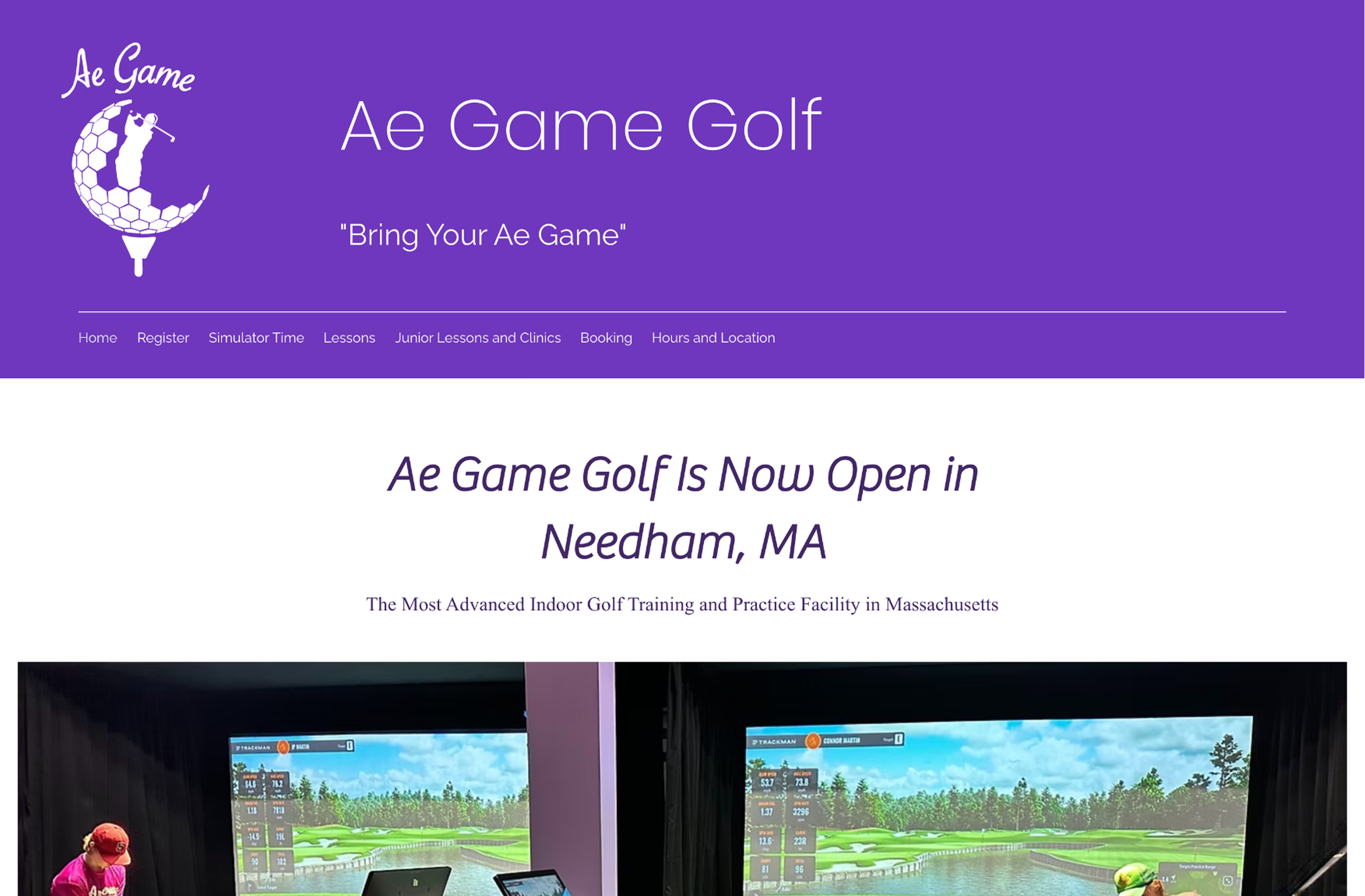 Ae Game Golf former homepage, with a purple header, original golfer logo, navigation, and indoor golf facility photograph.
