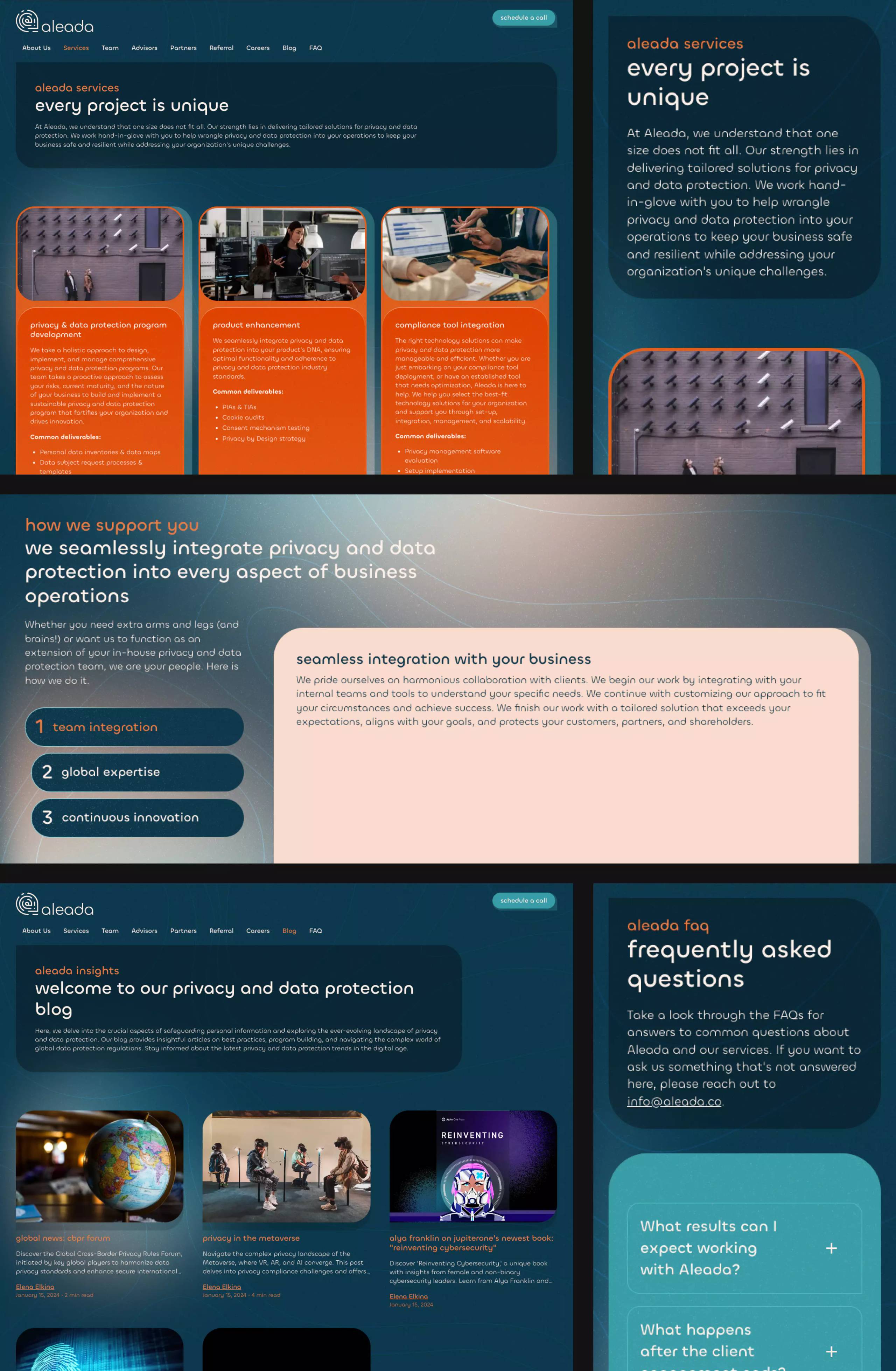 Aleada service groups, support method, blog, and frequently asked questions across laptop and phone views.