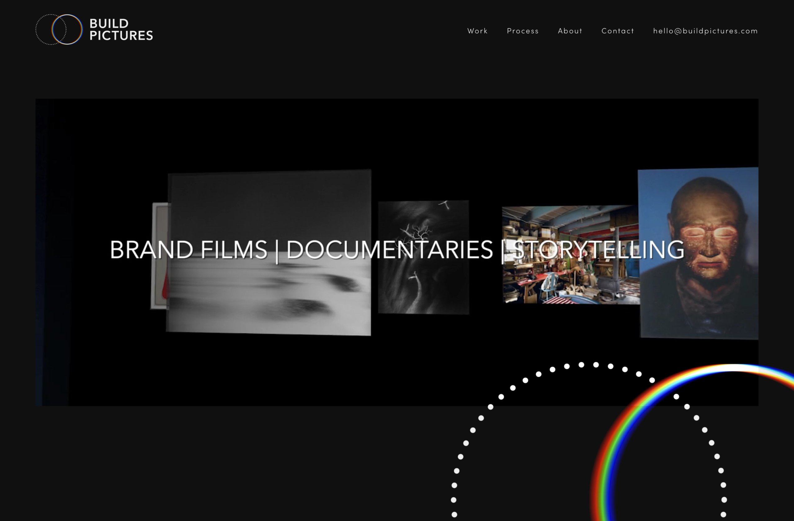 Build Pictures redesigned homepage, with a black background, new circular logo, and film montage headed Brand Films, Documentaries, Storytelling.