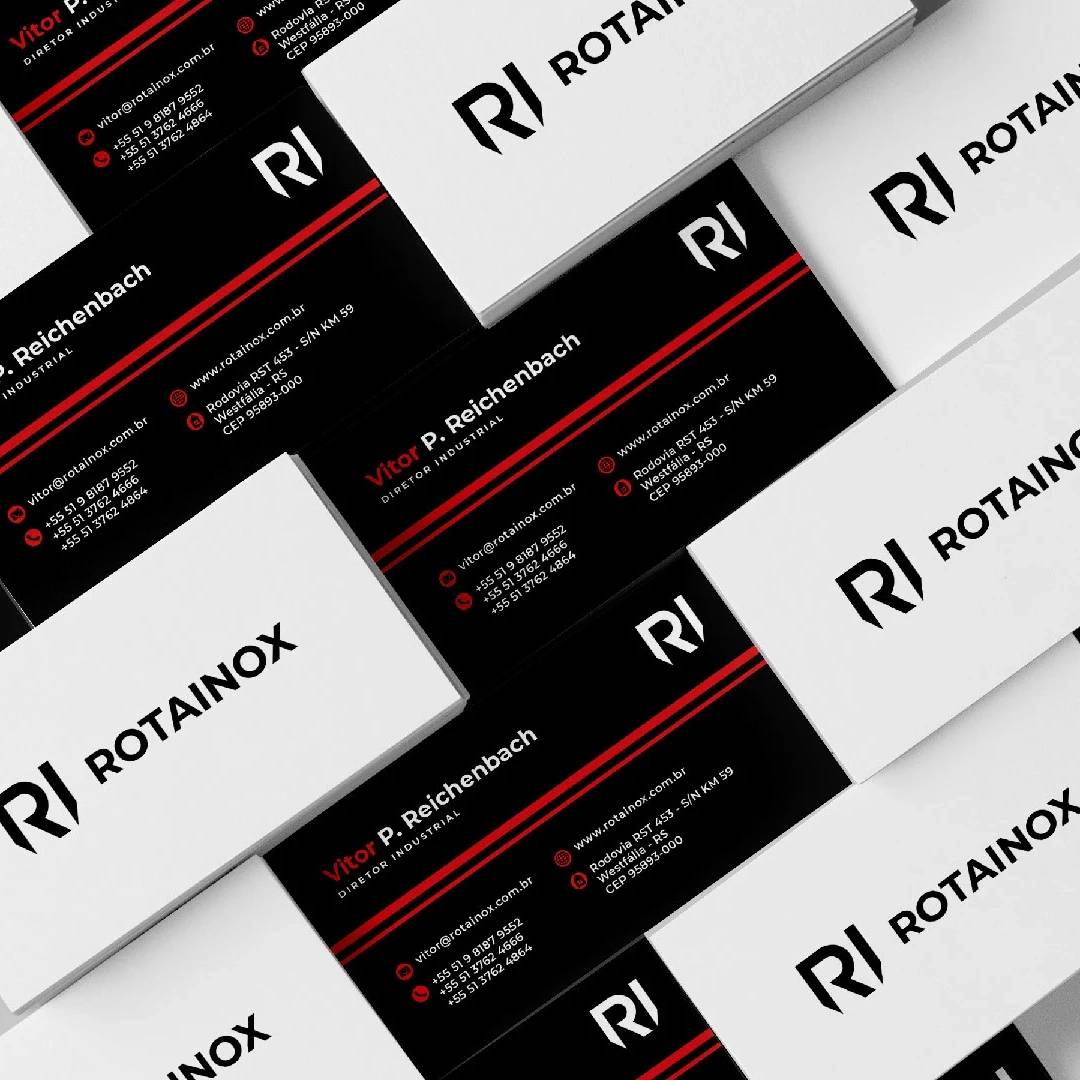 Black-and-white RotaInox business cards with red accent lines.