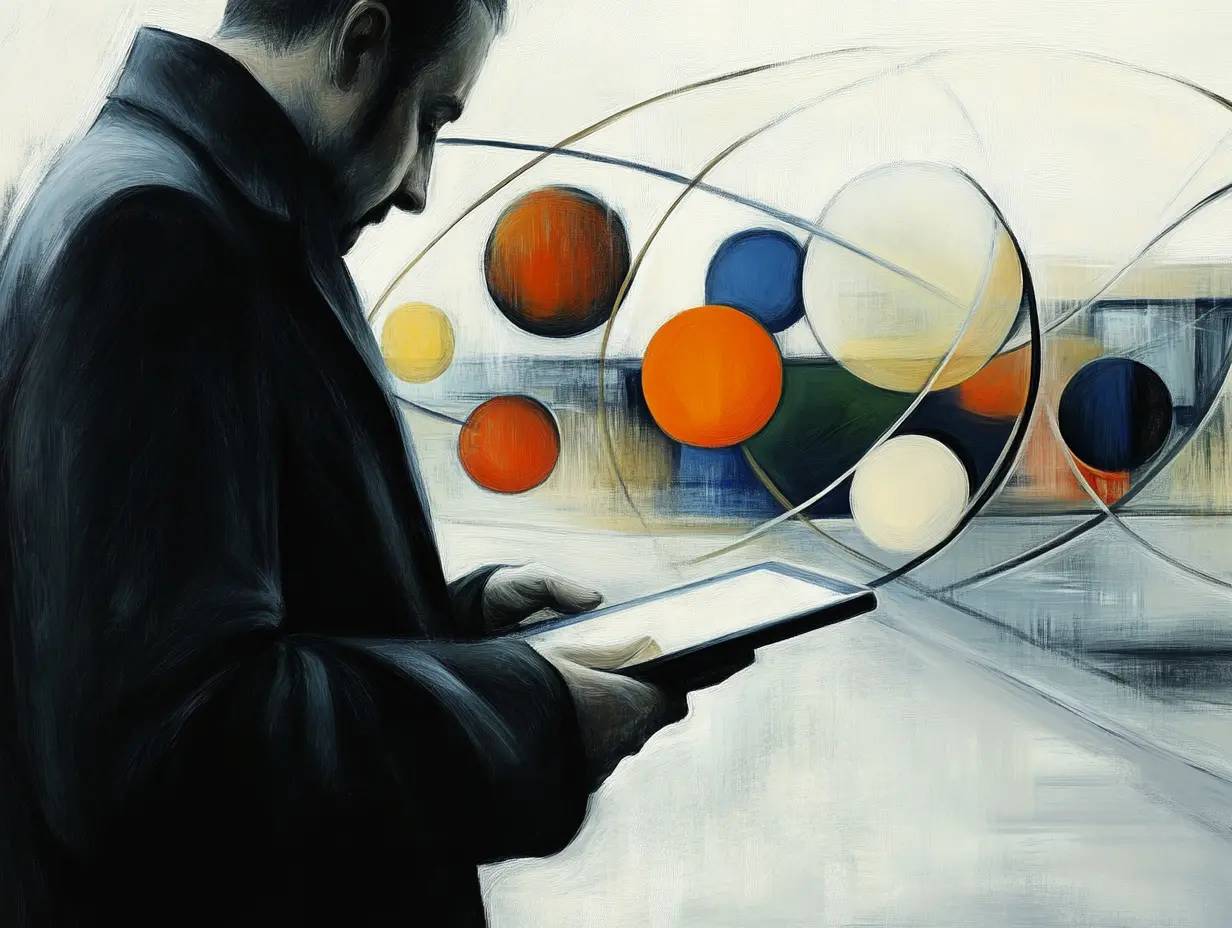 Stylized user journey map overlaid on a blurred image of a person using a tablet, representing the user experience process.