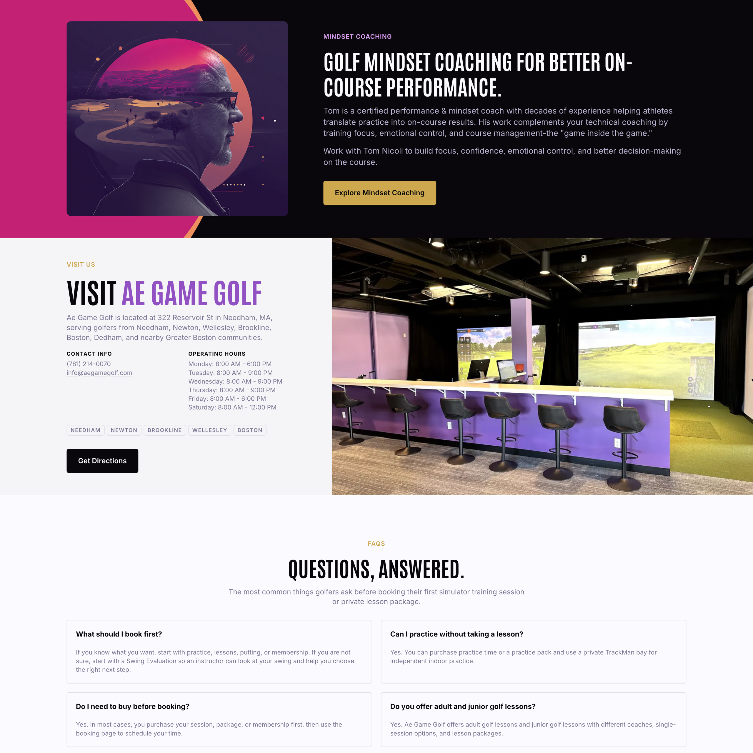 AE Game Golf website sections for mindset coaching, venue information, and frequently asked questions.