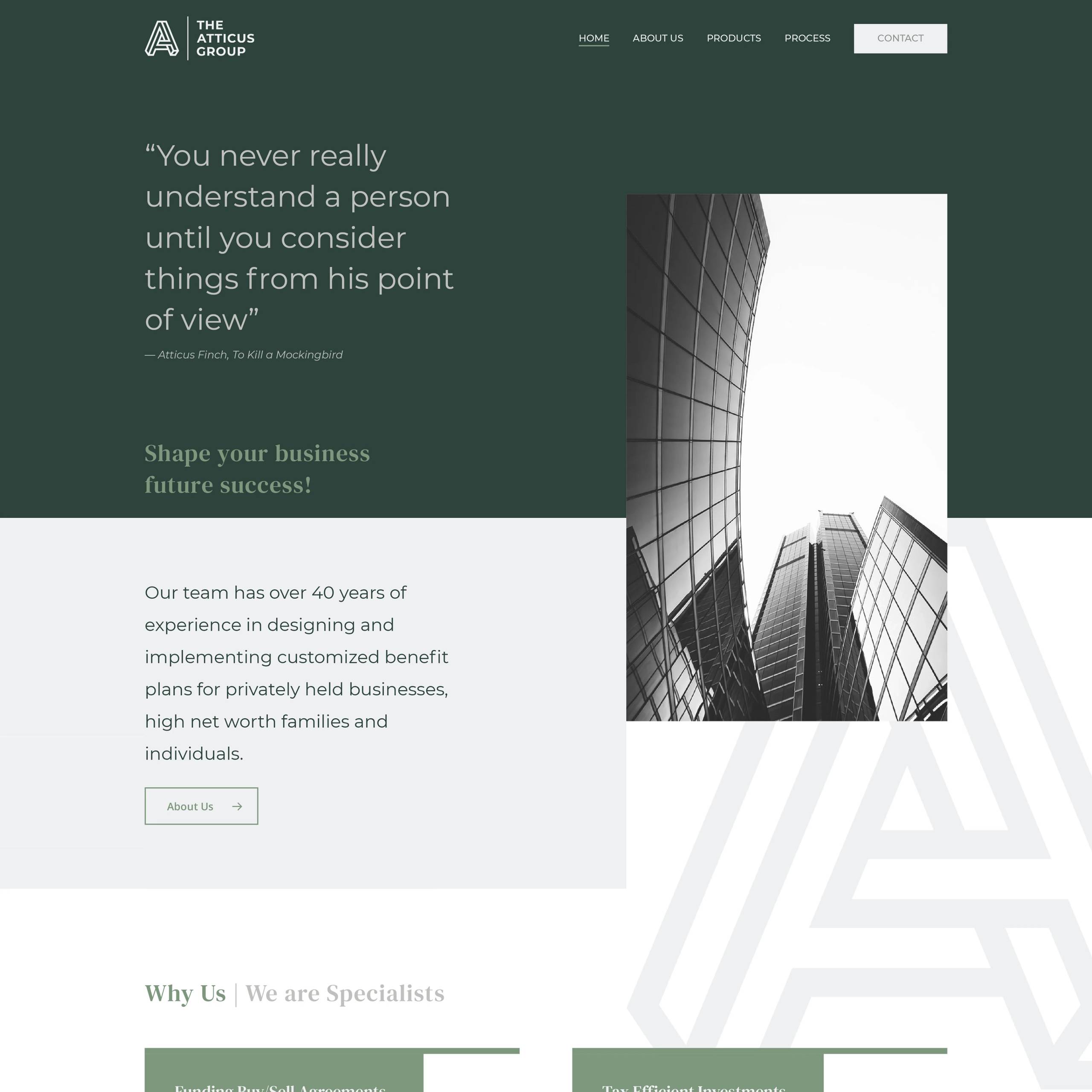 The Atticus Group homepage with green panels, architectural photography, and consulting messaging.