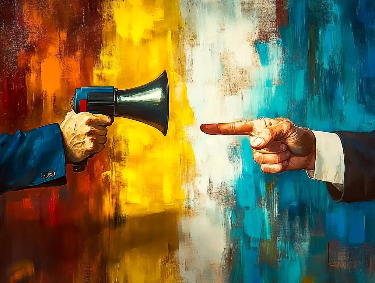 Person with megaphone and whistle, depicting inconsistent brand messaging across platforms.