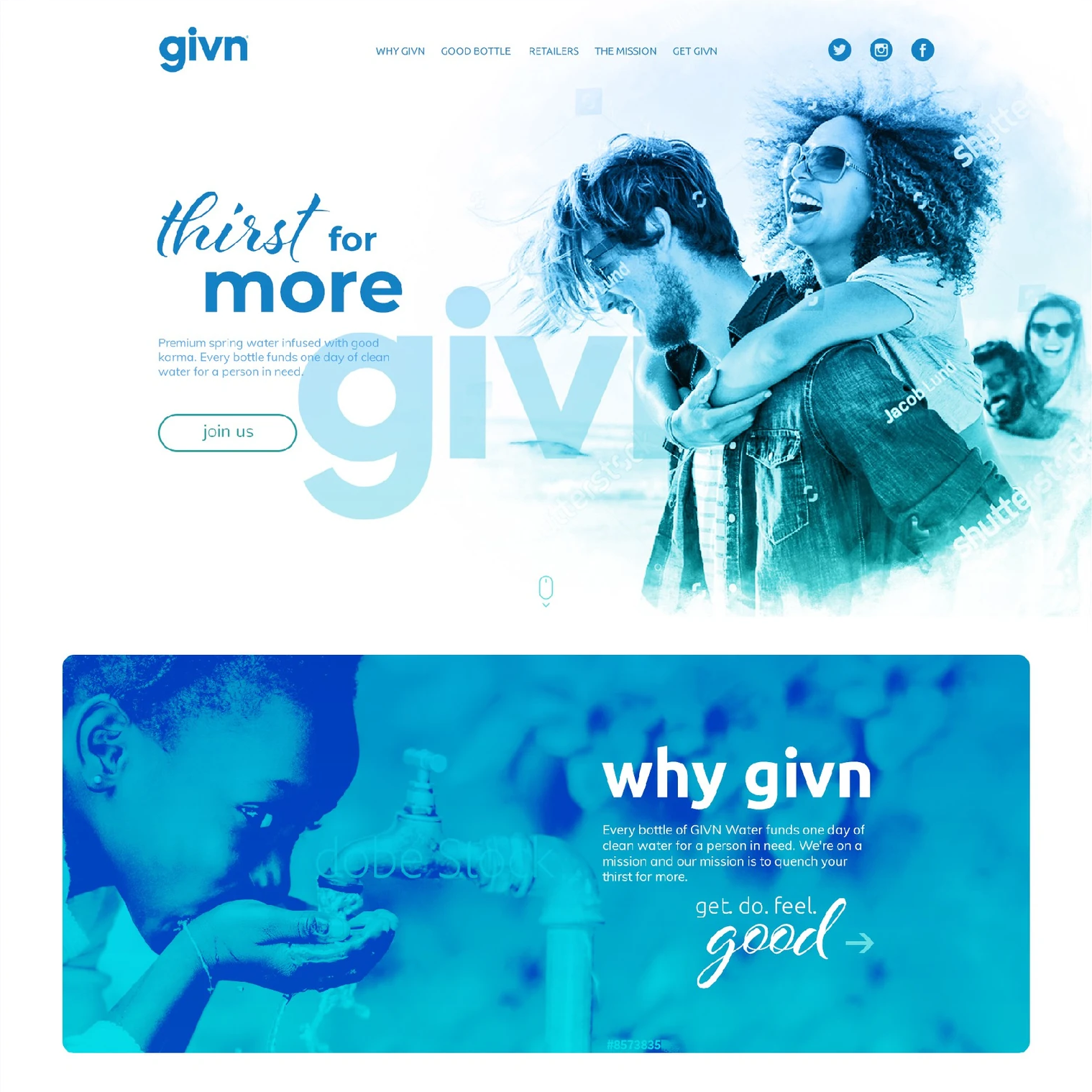 GIVN homepage with blue watercolor photography and a large Thirst for More message.