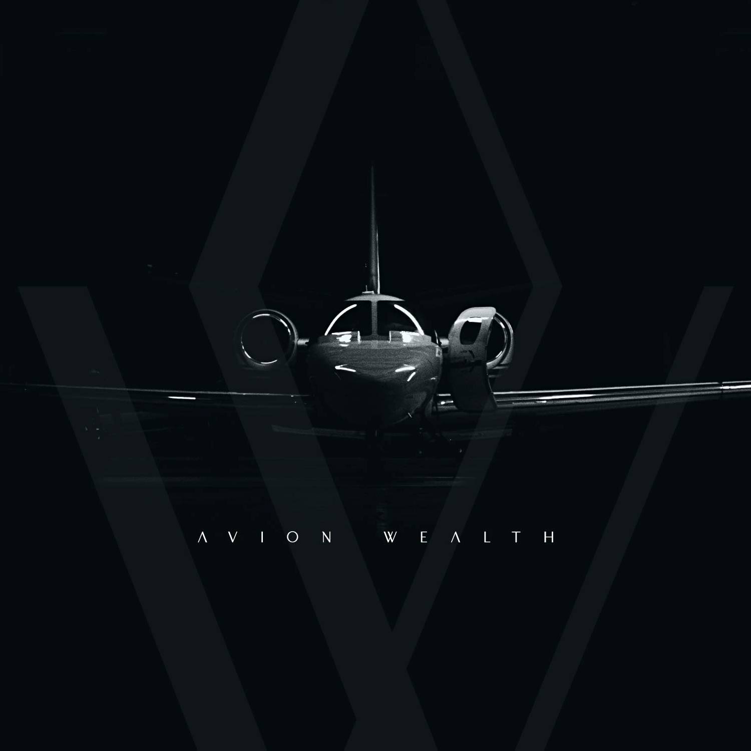 Avion Wealth wordmark beneath the front view of a private aircraft on a dark background.