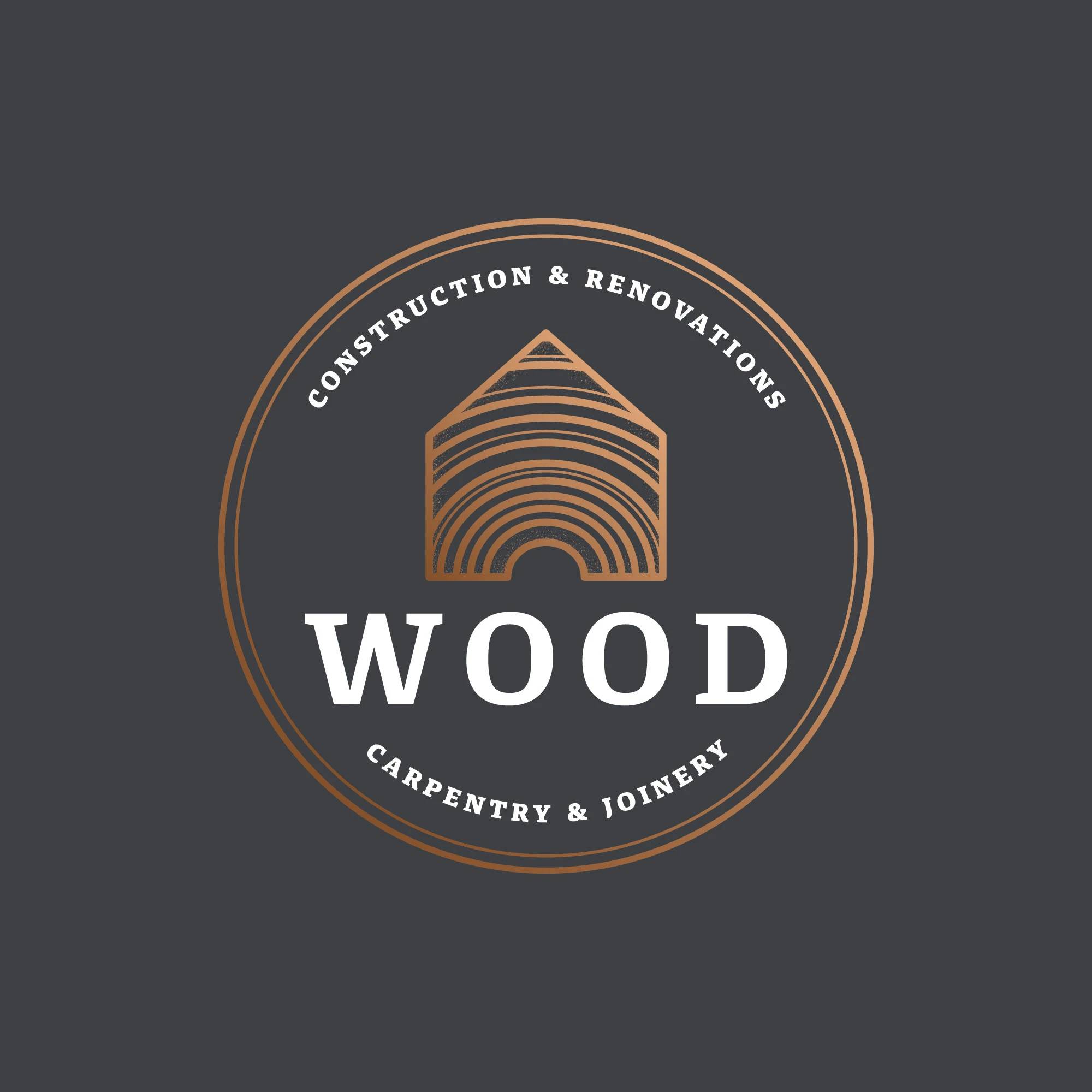 Circular Wood Carpentry and Joinery badge in copper and white on charcoal.