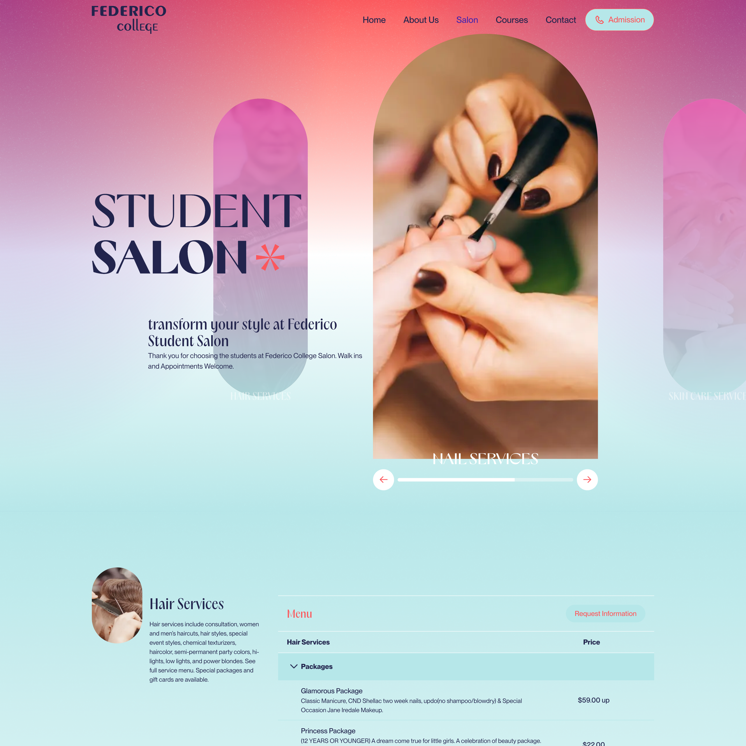 Federico College student salon page with nail photography, service information, and a pink-to-aqua gradient.