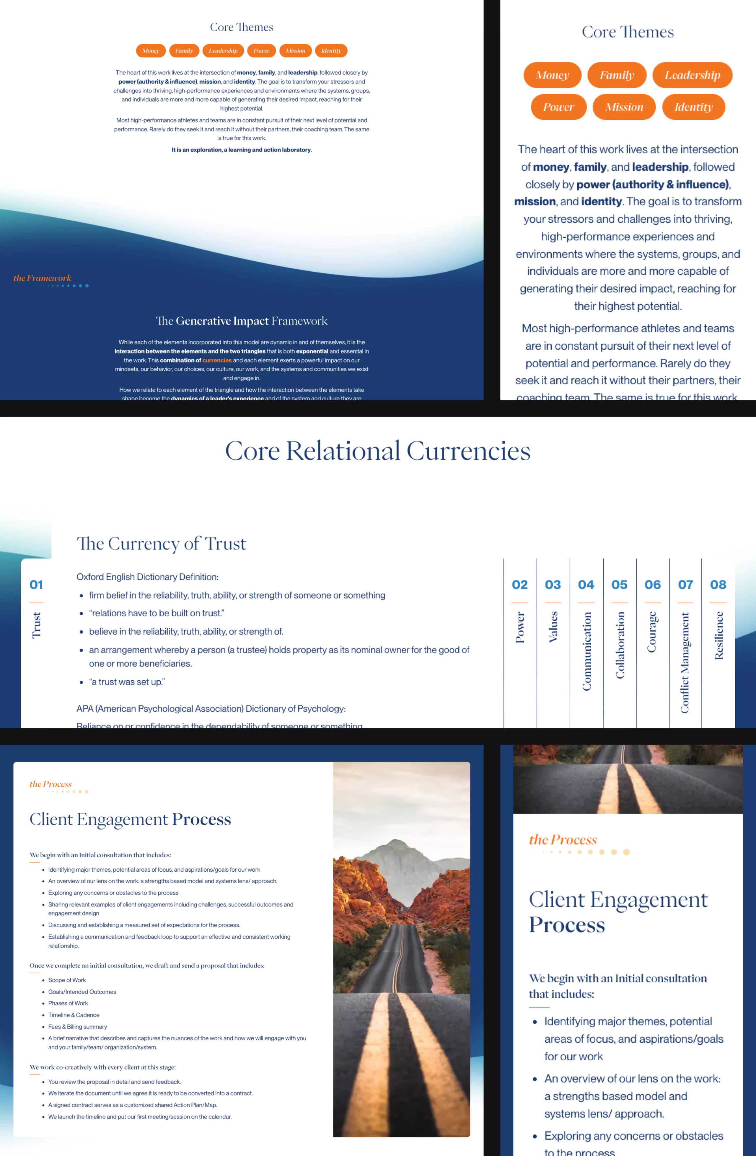 Generate Impact core themes, Generative Impact Framework, Currencies definition, and client process across laptop and phone views.