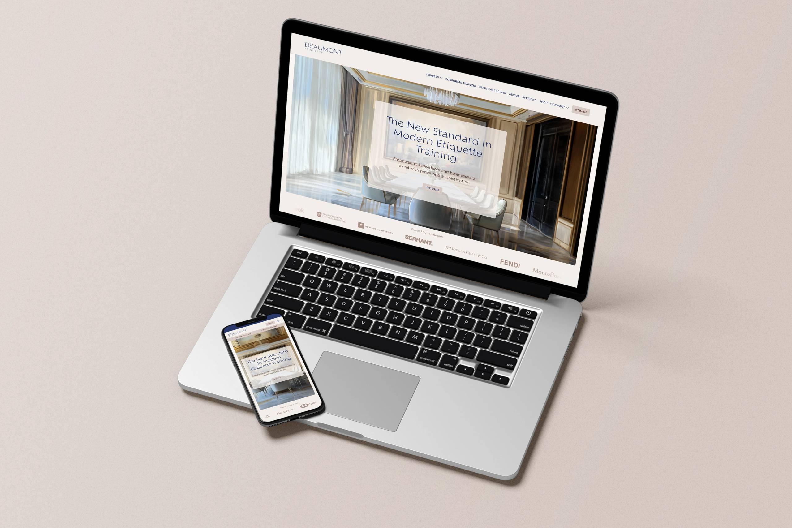 Beaumont Etiquette website shown on a laptop and phone.