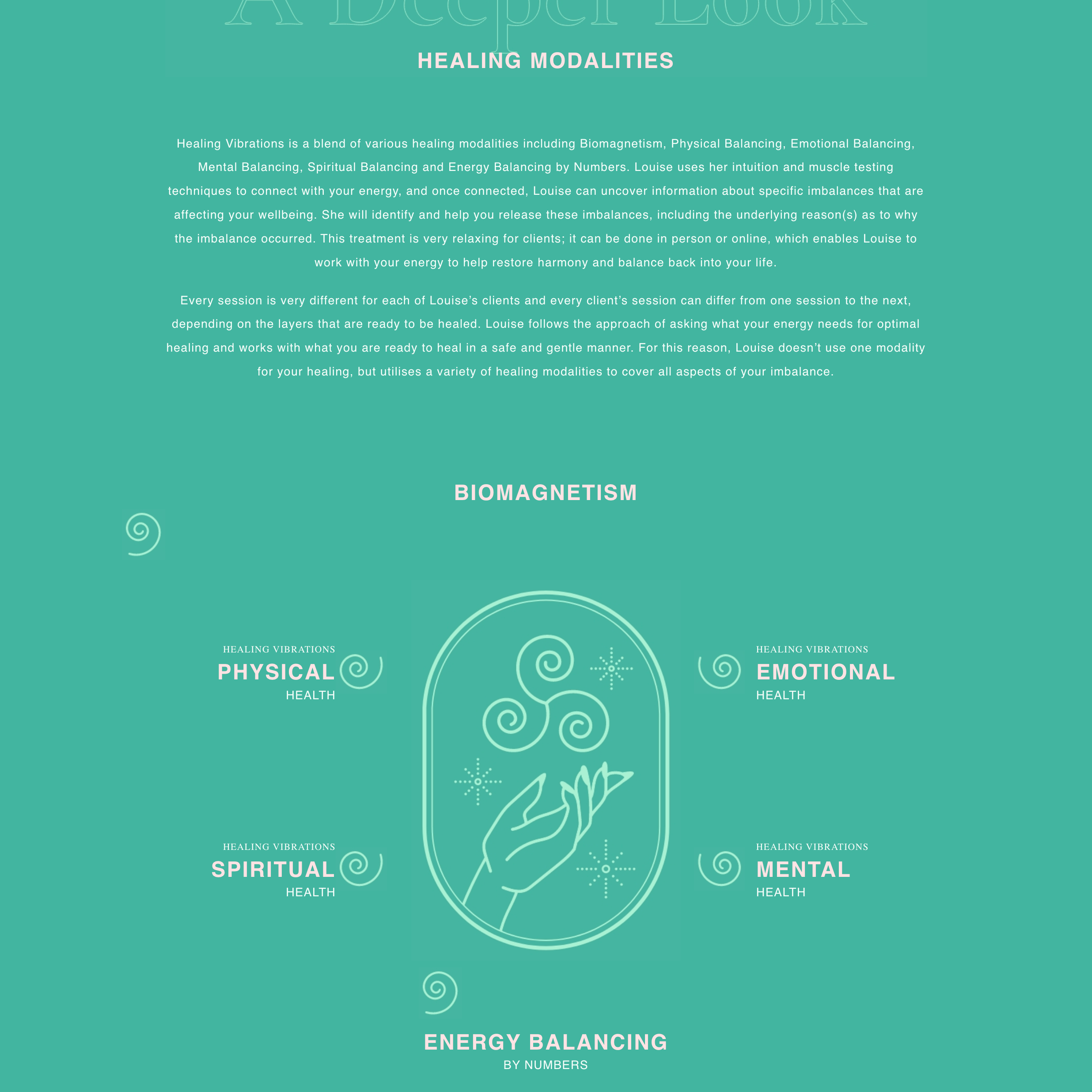 Healing Vibrations modalities page with a central hand emblem surrounded by five healing categories.