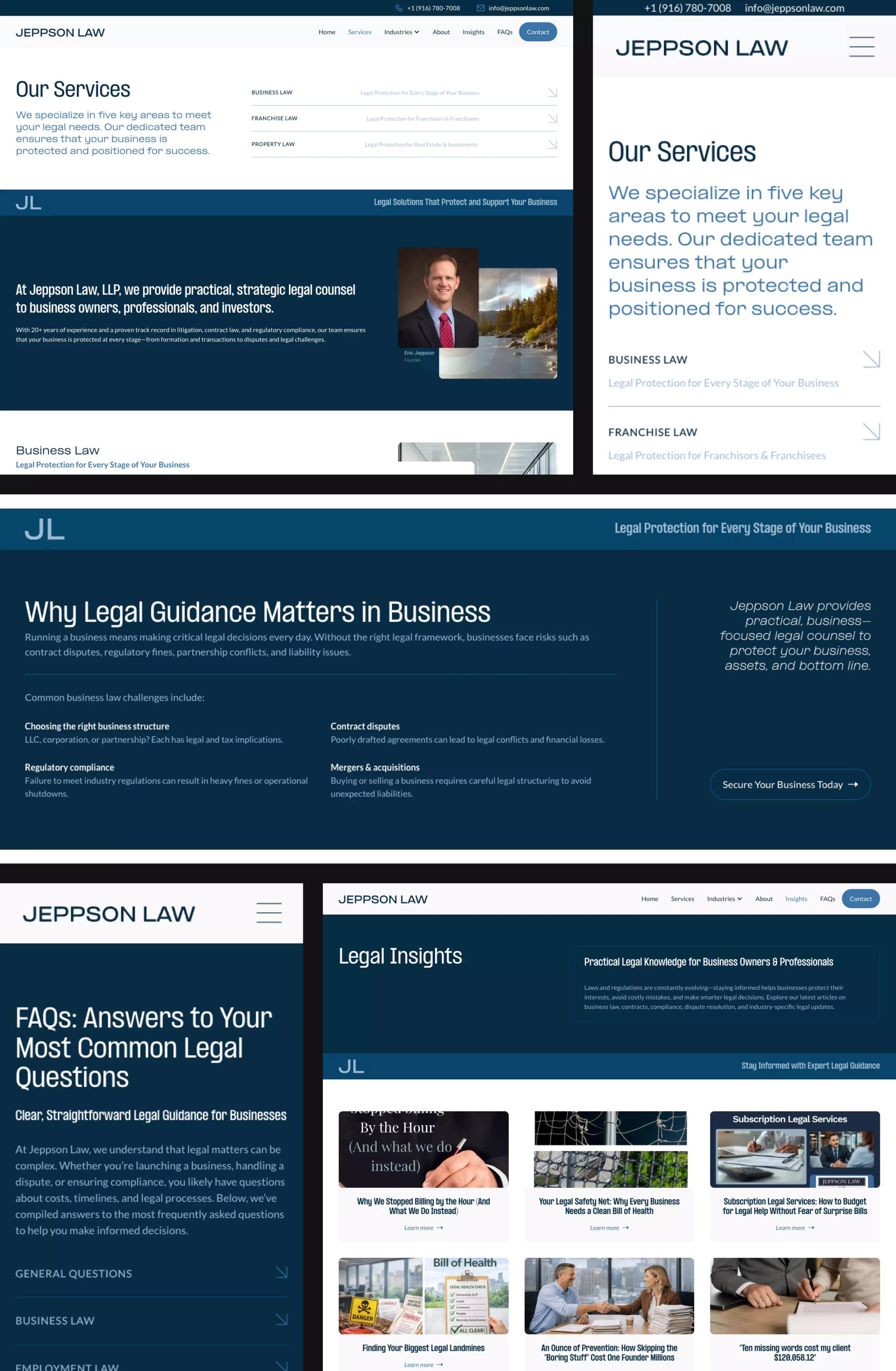 Jeppson Law service map, business-law decision content, frequently asked questions, and Insights across laptop and phone views.
