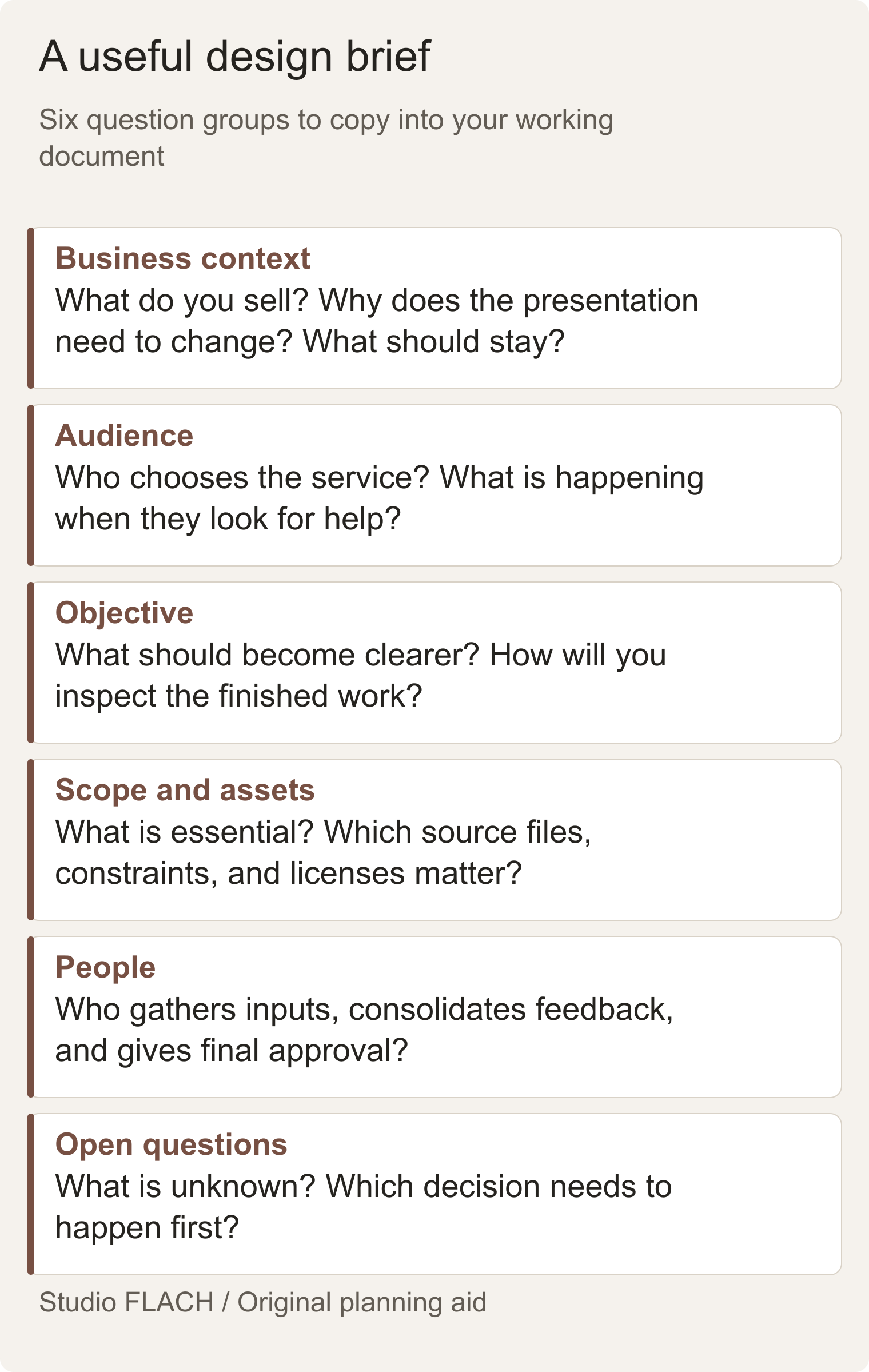 Design brief template overview with six groups of questions