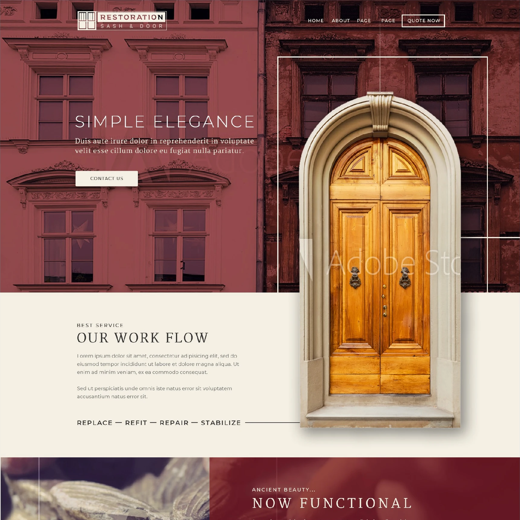 Restoration Sash and Door homepage with burgundy architecture, a wooden door, and restoration messaging.