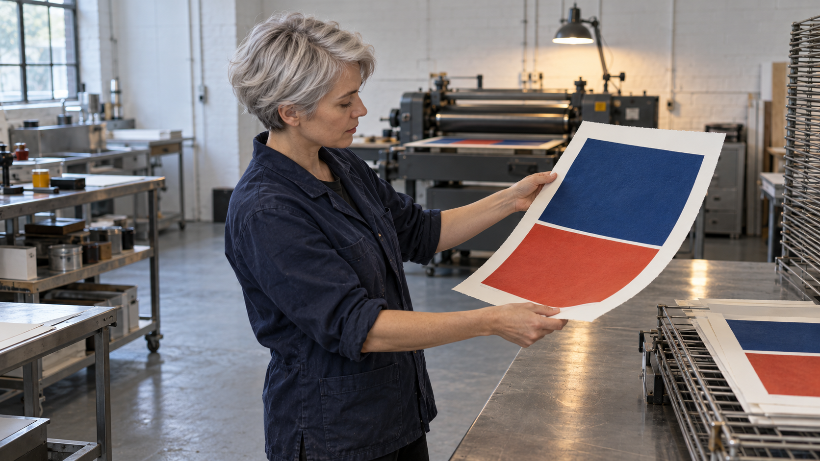 A print workshop professional examining a newly printed colour sheet.