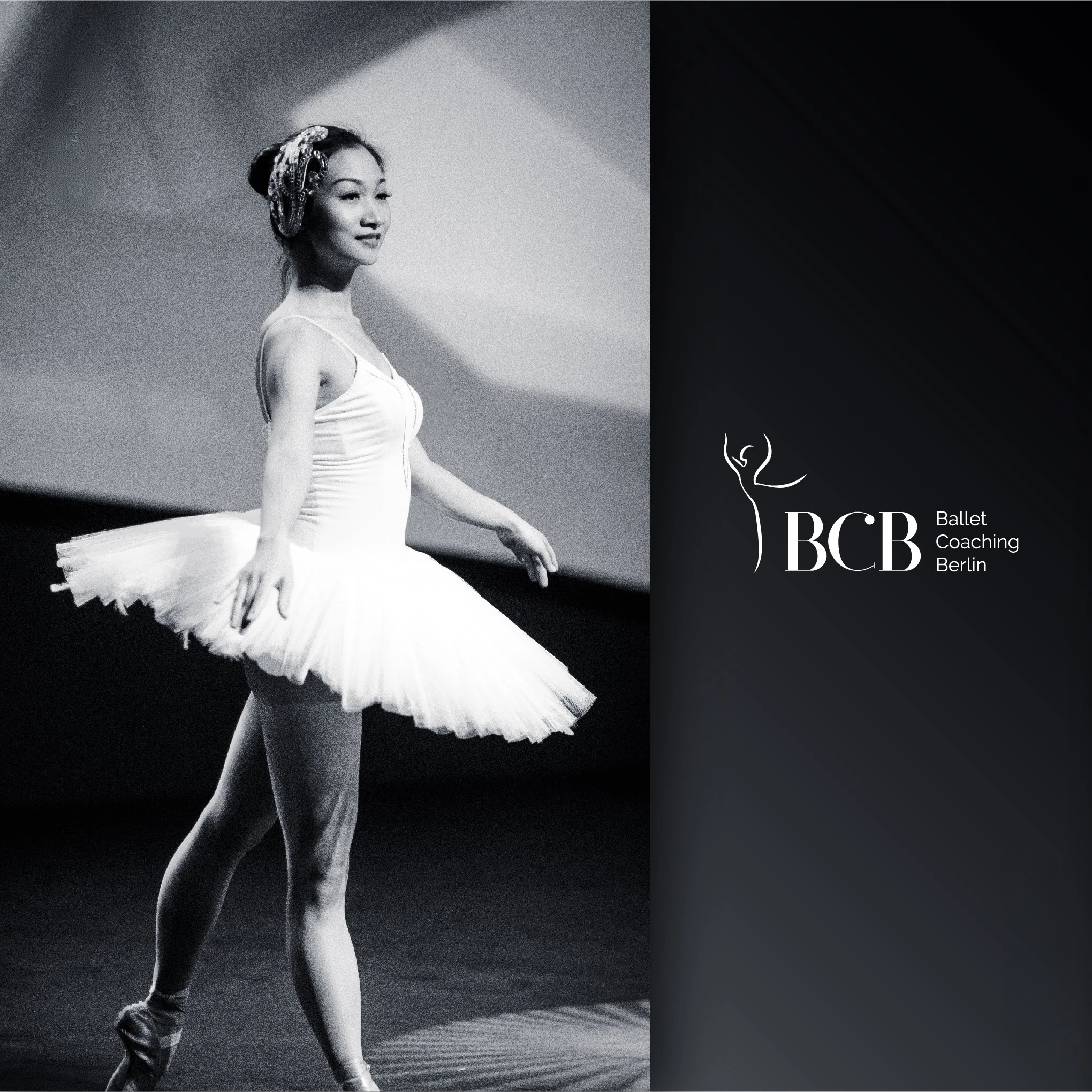 Black-and-white ballet portrait beside the Ballet Coaching Berlin monogram and wordmark.