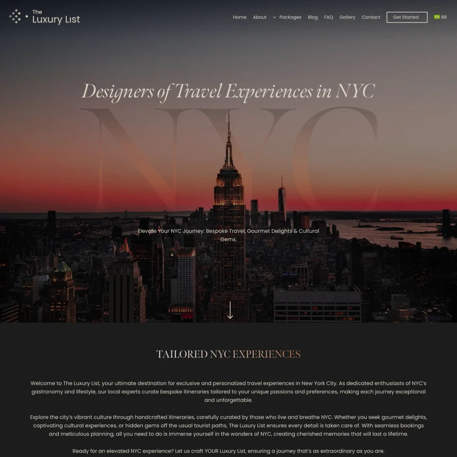 The Luxury List homepage with a New York skyline photograph and dark editorial typography.