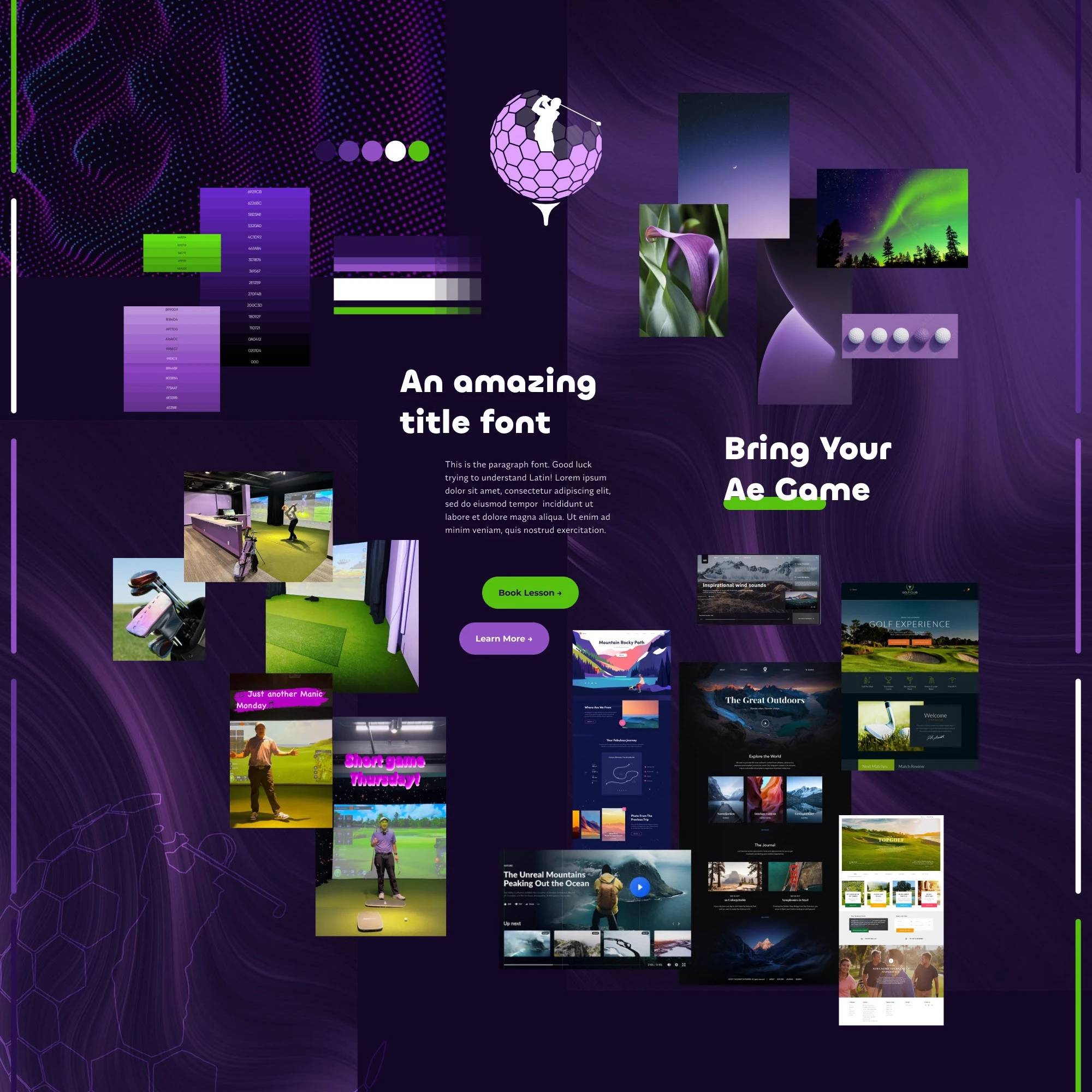 AE Game Golf brand presentation with purple and green typography, color swatches, photography, and interface screens.